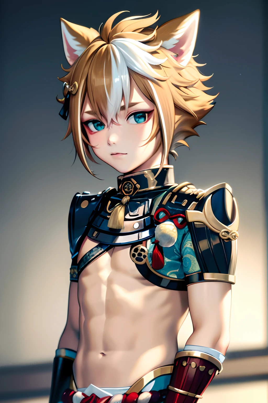 gorou (genshin impact),, 1boy, male focus, animal ears, solo, multicolored hair, brown hair, dog boy, white hair, tassel, dog ears, armor, upper body, streaked hair, bangs,NSFW,small