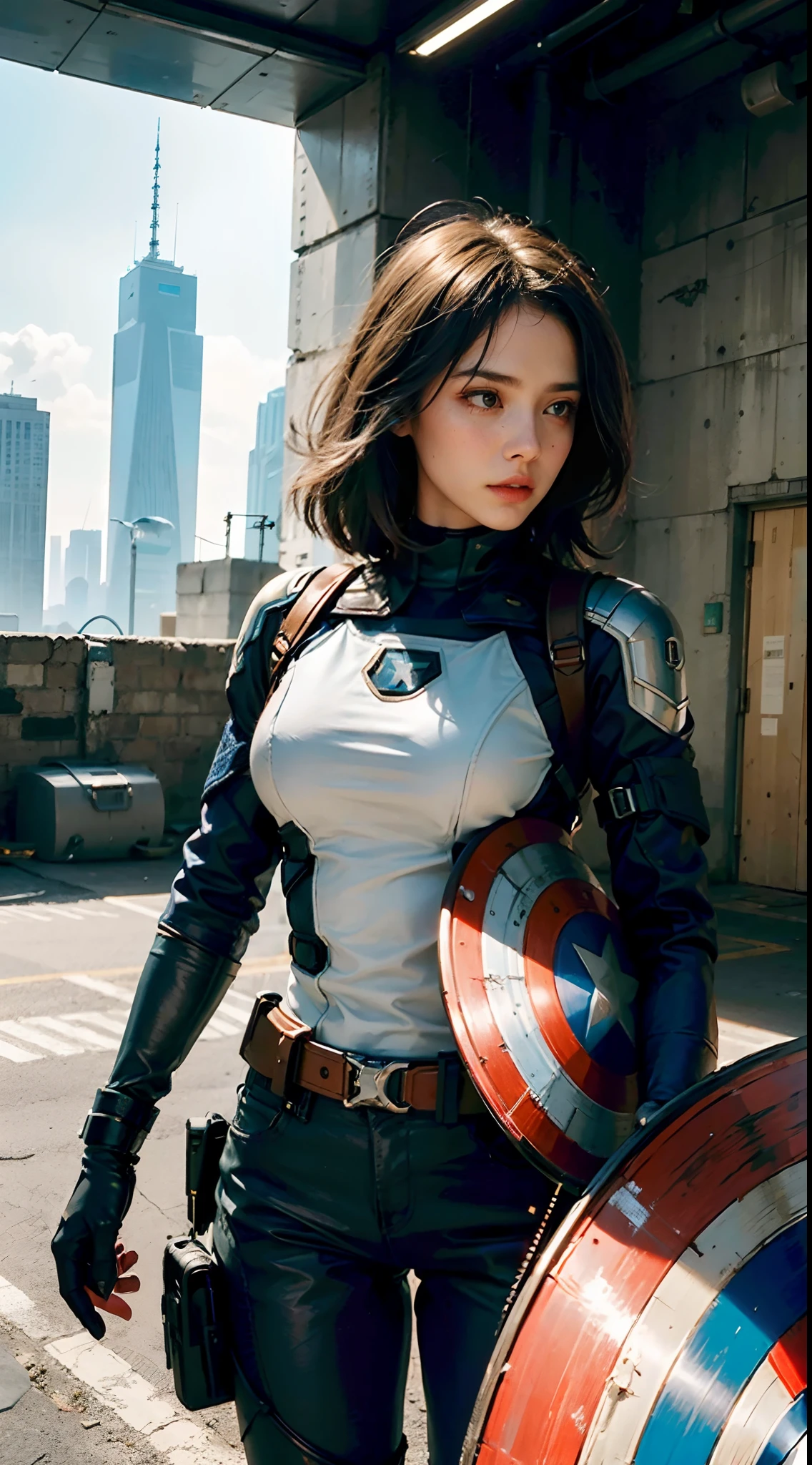 (1 girl:1.3), alone, __body parts__, official art, unified 8k wallpaper, Super detailed, beautiful and aesthetic, beautiful, masterpiece, 最high quality, to be born, masterpiece, super detailed photos, 最high quality, ultra high resolution, photorealism, sunlight, full body portrait, amazing beauty, dynamic pose, delicate face, to be bornきto be bornきとした目, (from the front), she'wearing a futuristic Captain America jersey, Blue color scheme, (holding a shield), saggy breasts, Chest capital letter A, Highly detailed abandoned warehouse background, detailed face, Detailed complex and busy background, Messy, nice, milky white, highly detailed skin, realistic skin details, visible pores, sharp focus, volumetric fog, 8k UHD, Digital single-lens reflex camera, high quality, film grain, Fair skin, photorealism, lomography, futuristic dystopian megacity, seen from below, translucent