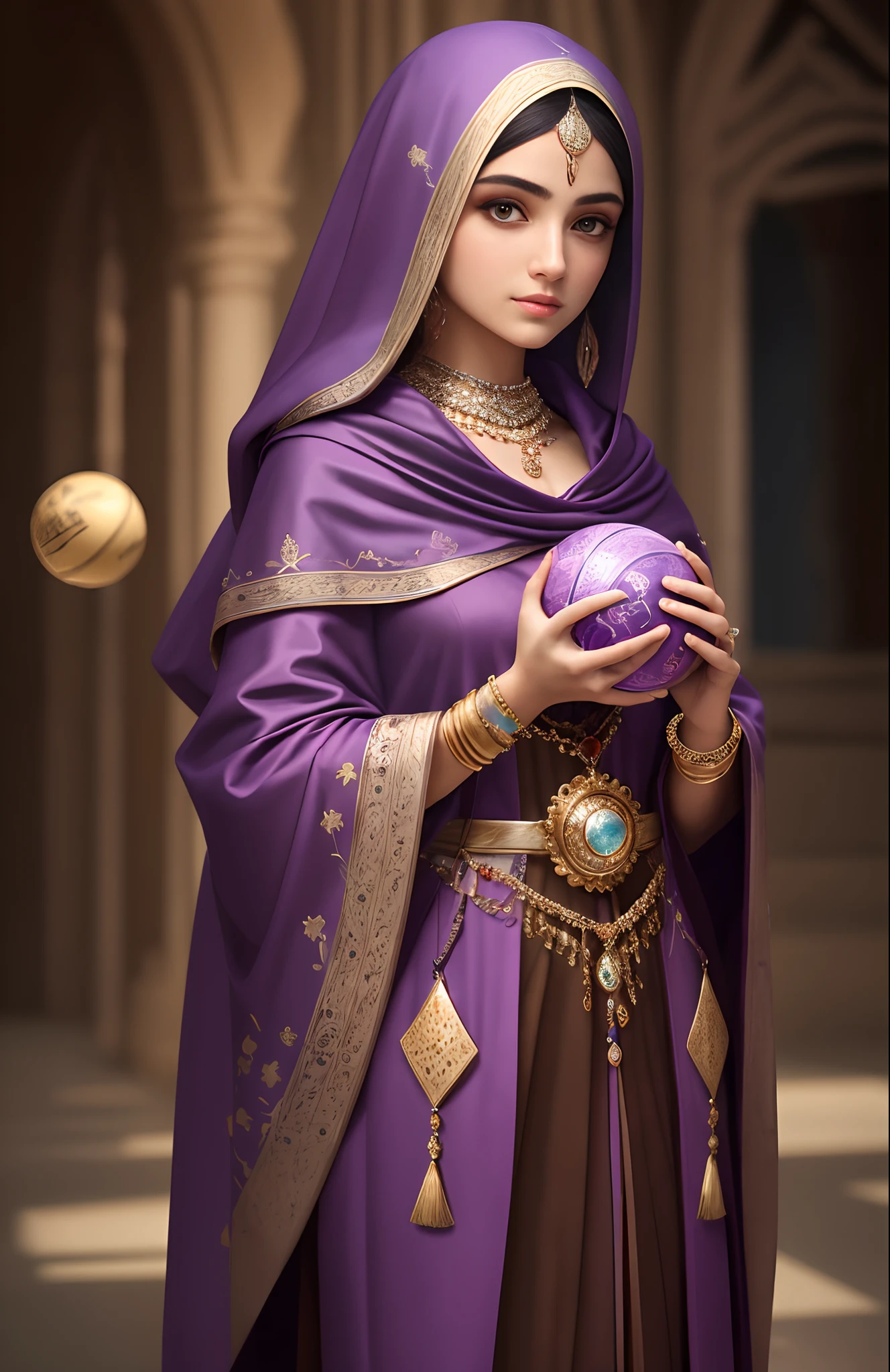 imaging a young lady wearing a purple cloak covering her hair and body, holding a horoscope ball in her hands gazing the camera with beautiful persian eyes, photorealism. —ar 9:16 --auto --s2