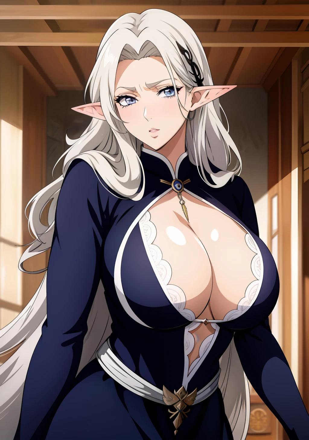 Dress, huge tits, busty, silver hair, elf ears, hairpin, beauty mark under eyes, blue eyes, cleavage, long hair, intrincate details, detailed, masterpiece, best quality, 4K, HDR, mountain, shrine, upperbody,