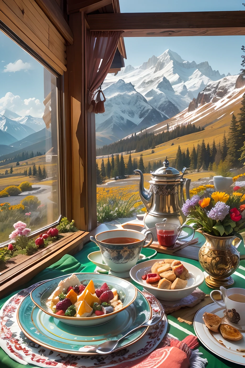 terrace,dining table,Western-style breakfast,snow mountains, wildflowers.