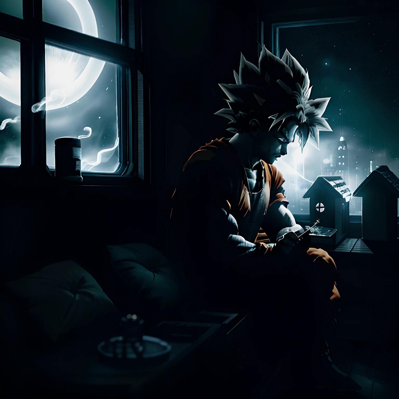 A depressed goku sitting by himself looking out of a window in a dark but dimly lit room at night smoking a cigarette