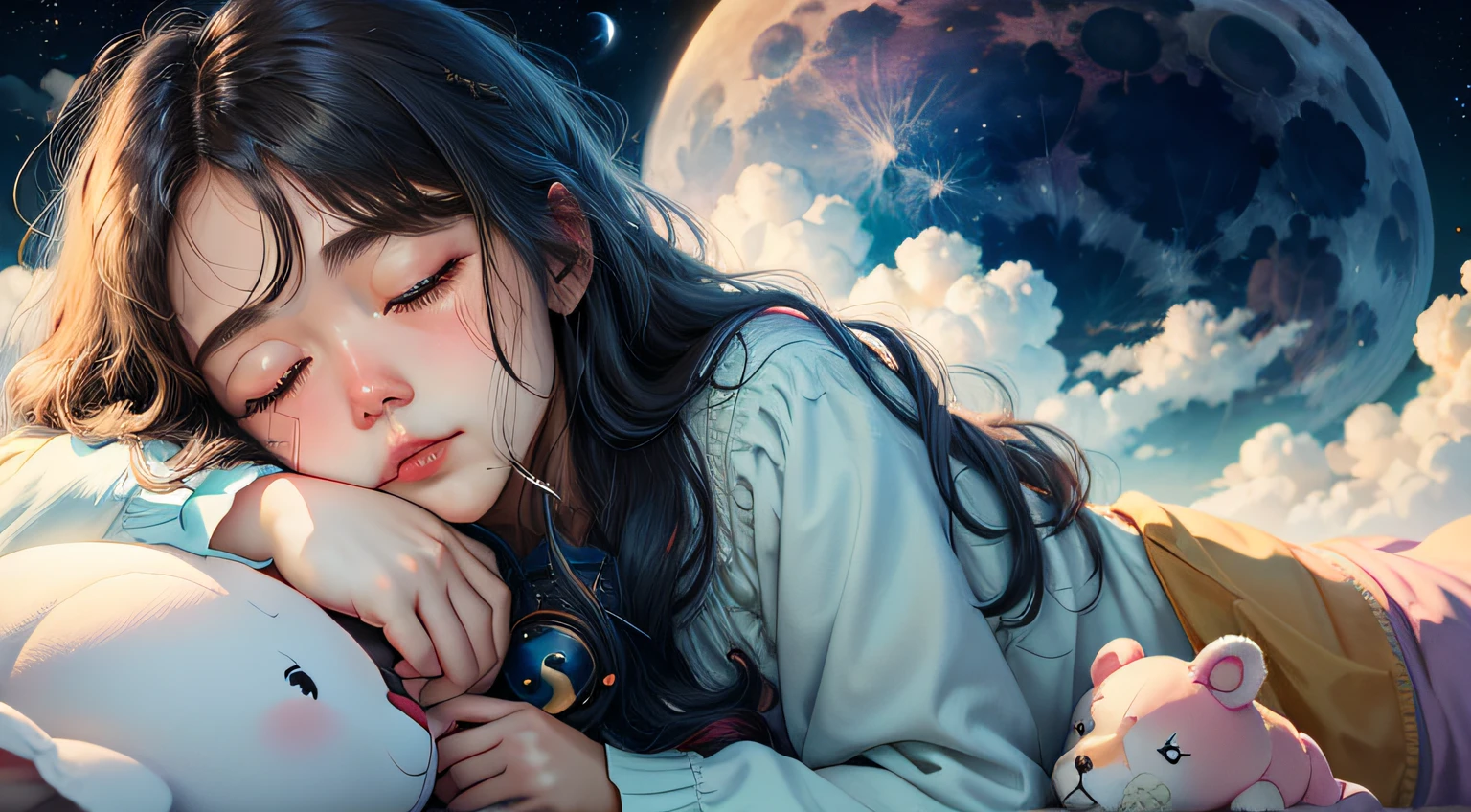 colorful、on clouds、kosmos、Big Moon、realistic、The girl is sleeping、Only one stuffed animal、超A high resolution