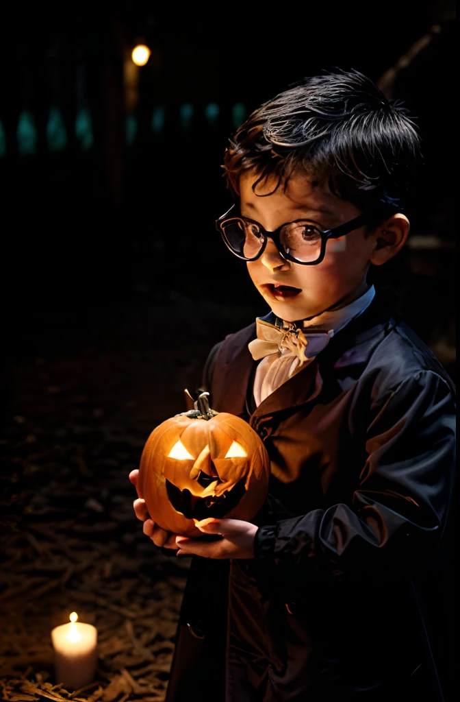 "Create an illustration of a joyful 3-year-old boy wearing glasses, dressed up as a little vampire in 18th-century attire, holding a pumpkin-head lantern while celebrating Halloween at night. The vampire should have yellow vampire eyes. The background should be blurred, featuring elements like skulls, bats, and everything that reminds you of a Halloween party. Inspired by the style of artist Edward Gorey."