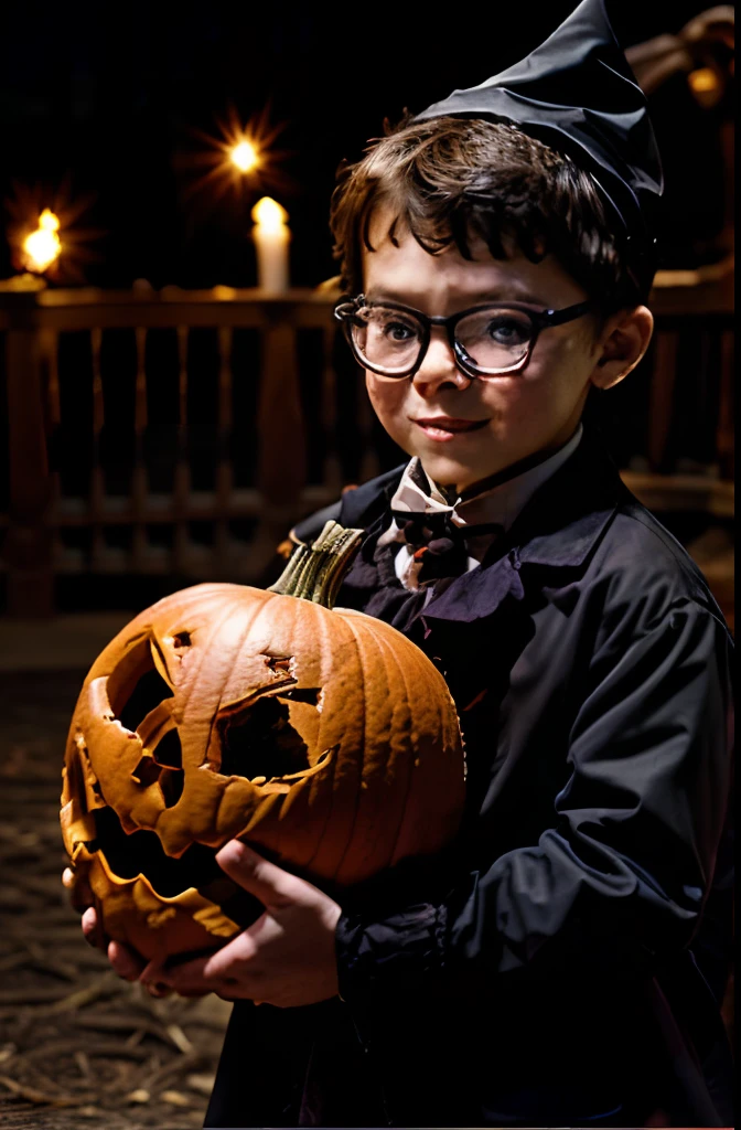 "An illustration of a joyful 3--old  wearing glasses, with a well-defined and sharp face, dressed up as a little vampire in 18th-century attire. He should have pale skin, yellow vampire eyes, and be holding a pumpkin-head lantern while celebrating Halloween at night. The background should be blurred, featuring elements like skulls, bats, and everything that reminds you of a Halloween party. Inspired by the style of artist Edward Gorey."