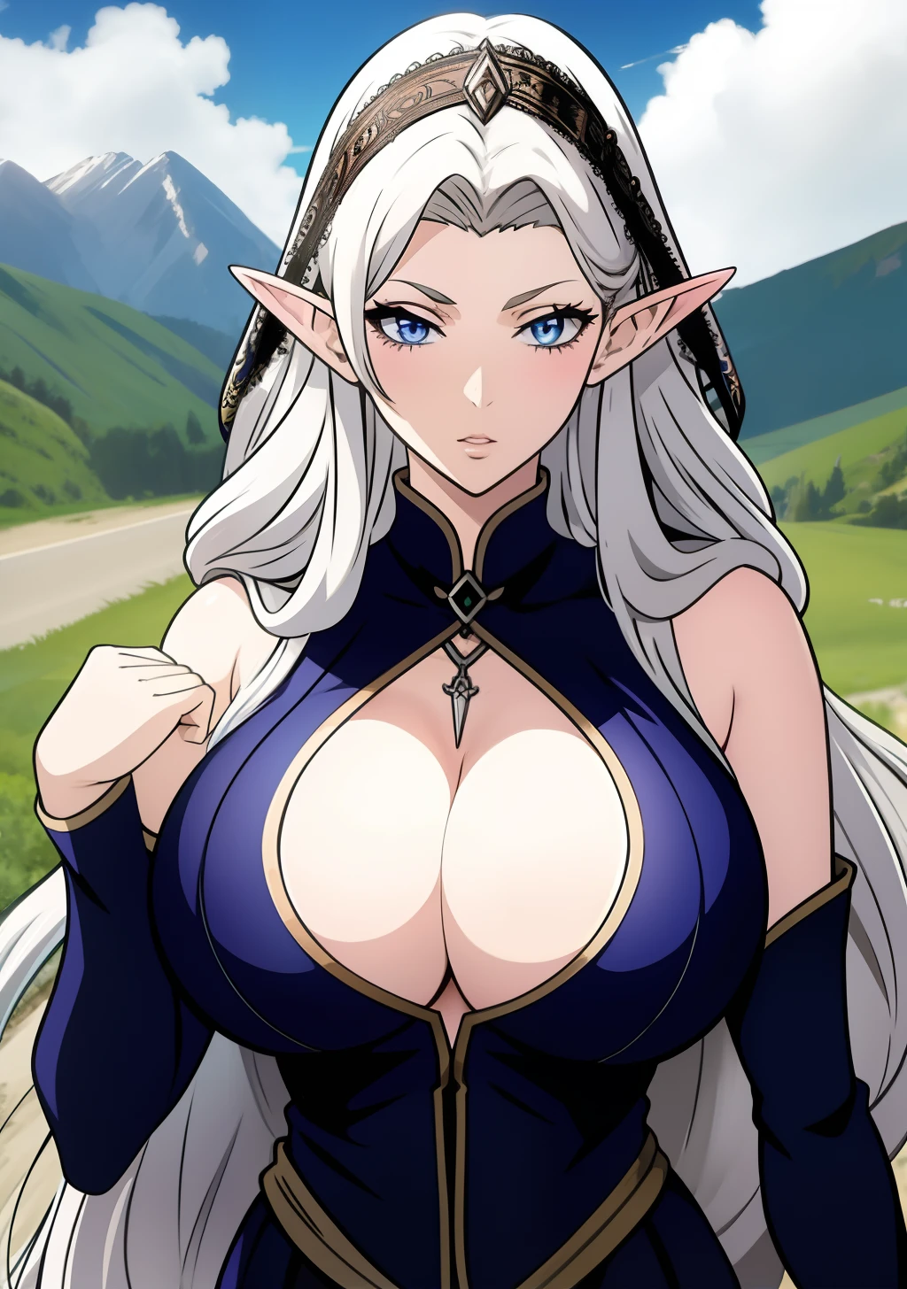 Dress, huge tits, busty, silver hair, elf ears, hairpin, beauty mark under eyes, blue eyes, cleavage, long hair, intrincate details, detailed, masterpiece, best quality, 4K, HDR, mountain, shrine, upperbody,