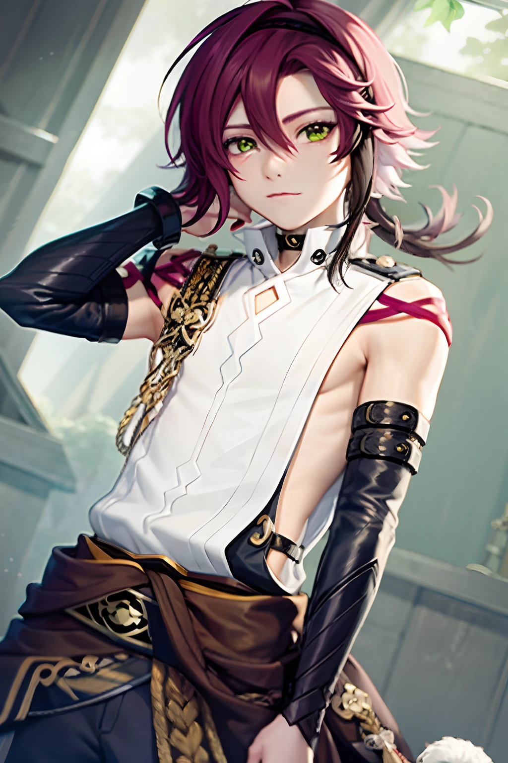 masterpiece, best quality,Shikanoin Heizou (genshin impact), 1boy, male focus, kurokote, green eyes, kote, multicolored hair, mole under eye, red hair, solo, mole, black choker, japanese armor, looking at viewer, choker, armor, streaked hair, aiguillette, sleeveless, ahoge, long hair, low ponytail,(kbxll:0.6)