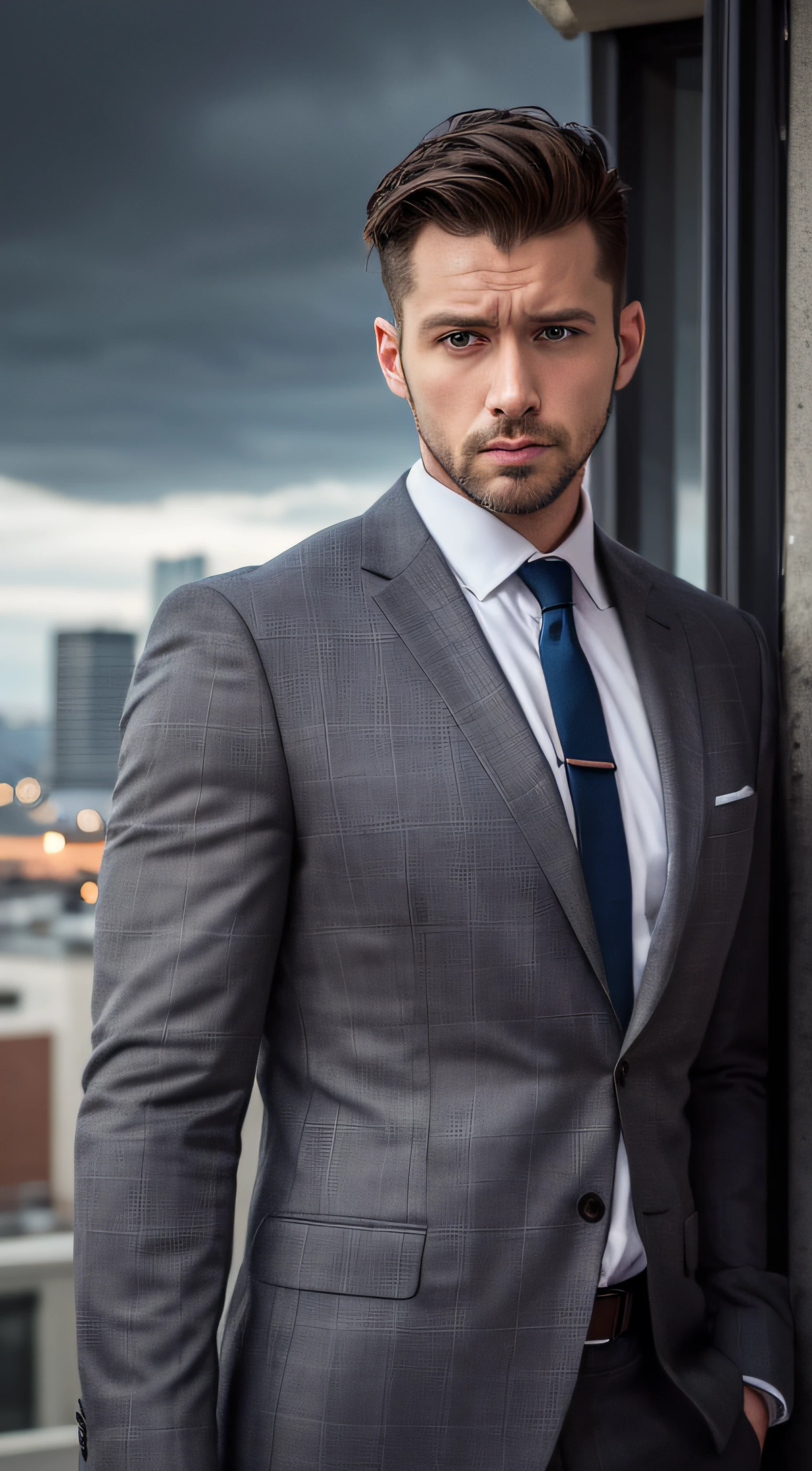 33 years old male model, handsome, gray tailored plaid suit, short brown hair, quiff hairstyle, medium length beard, serious face, city landscape, cloudy day, high detail face, high detail clothes, ultrarealistic, dark shot, cinematic, professional photo