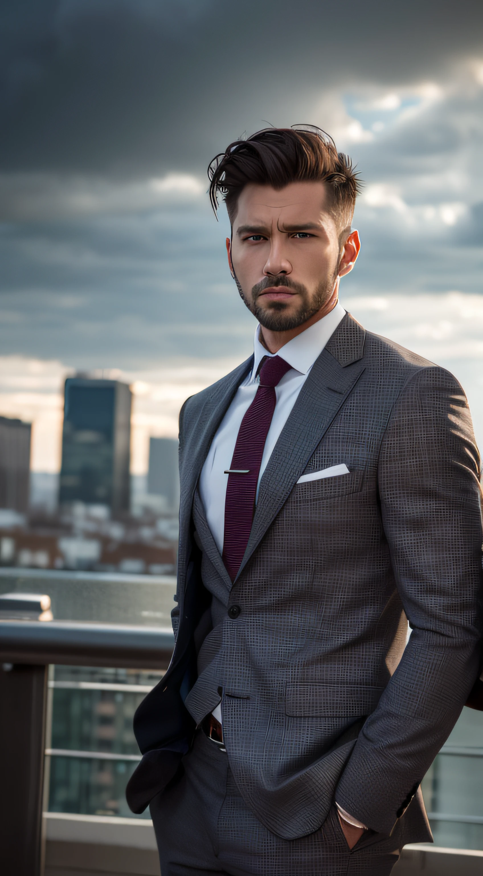 33 years old male model, handsome, gray tailored plaid suit, short brown hair, quiff hairstyle, medium length beard, serious face, city landscape, cloudy day, high detail face, high detail clothes, ultrarealistic, dark shot, cinematic, professional photo