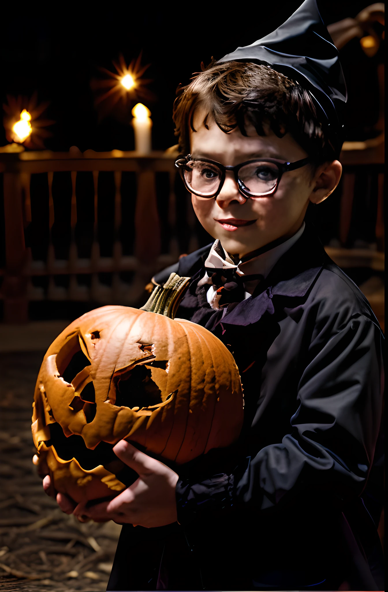 "An illustration of a joyful 3-year-old boy wearing glasses, with a well-defined and sharp face, dressed up as a little vampire in 18th-century attire. He should have pale skin, yellow vampire eyes, and be holding a pumpkin-head lantern while celebrating Halloween at night. The background should be blurred, featuring elements like skulls, bats, and everything that reminds you of a Halloween party. Inspired by the style of artist Edward Gorey."