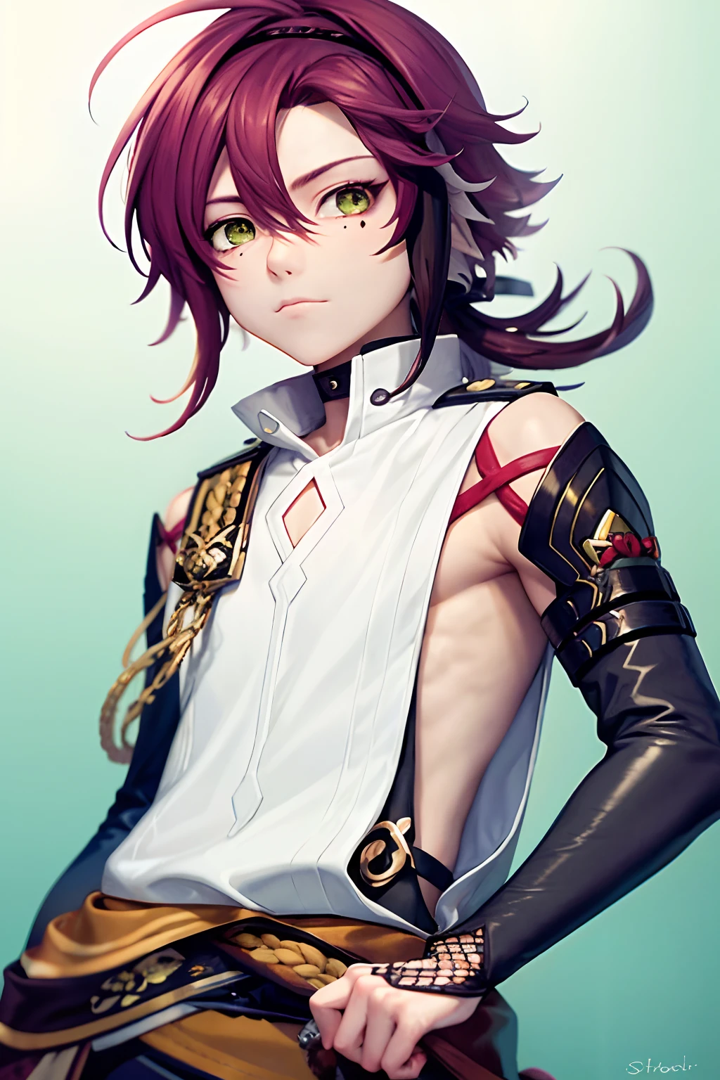 masterpiece, best quality,Shikanoin Heizou (genshin impact), 1boy, male focus, kurokote, green eyes, kote, multicolored hair, mole under eye, red hair, solo, mole, black choker, japanese armor, looking at viewer, choker, armor, streaked hair, aiguillette, sleeveless, ahoge, long hair, low ponytail,(kbxll:0.6)