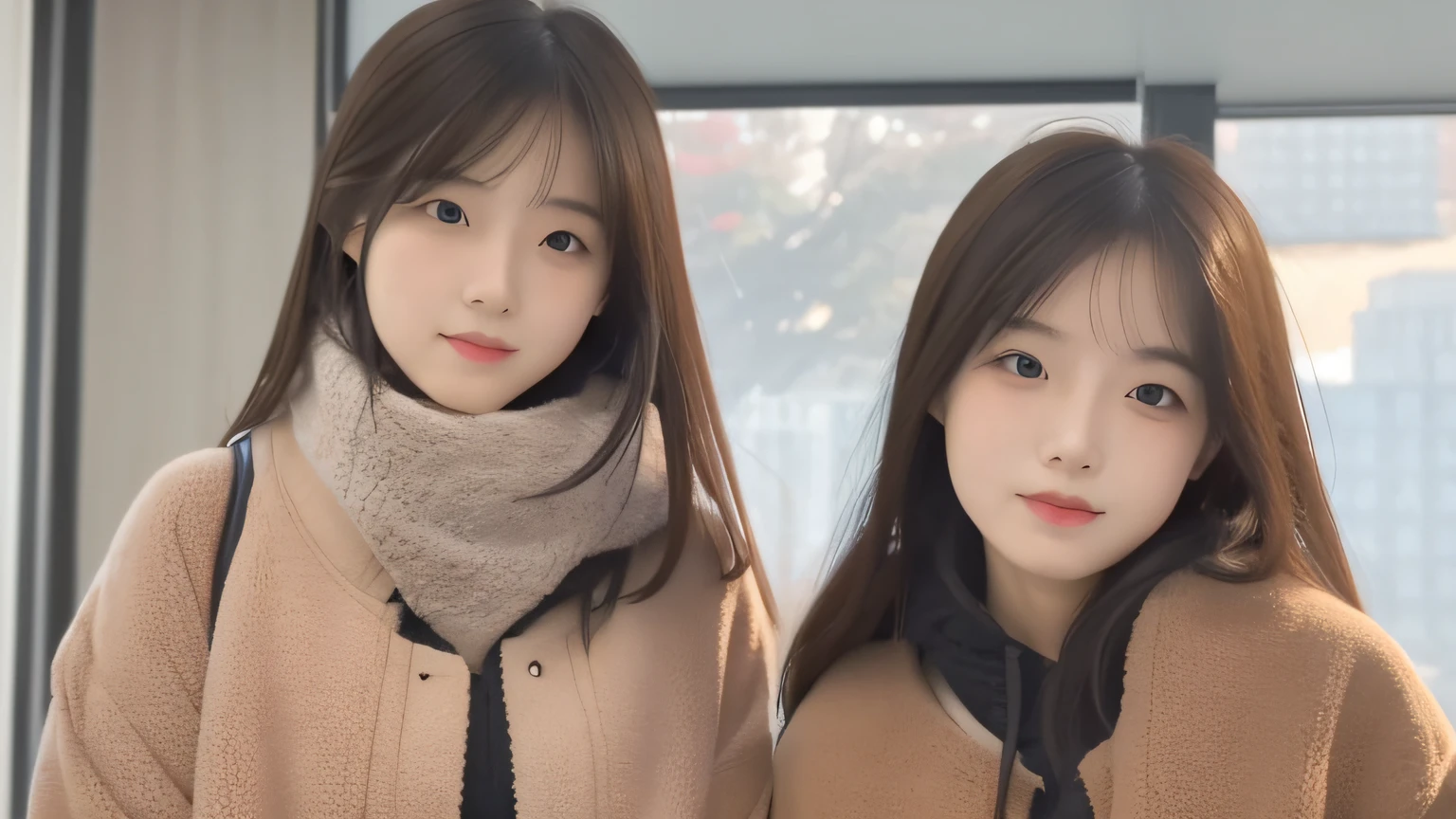 女の子1人、a matural female、a picture、realisticlying、top-quality、adopt、A detailed face、s Office、Building from the window、细致背景、Diffused sunlight、depth of fields、Bokeh