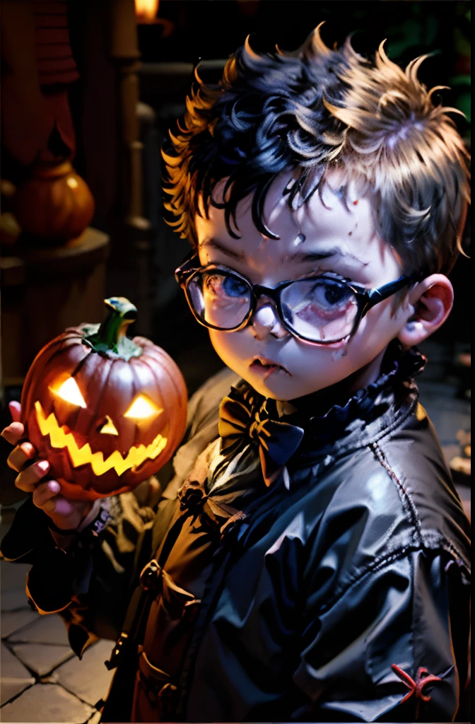 "An illustration of a joyful 3-year-old boy wearing glasses, with a well-defined and sharp face, dressed up as a little vampire in 18th-century attire. He should have pale skin, yellow vampire eyes, and be holding a pumpkin-head lantern while celebrating Halloween at night. The background should be blurred, featuring elements like skulls, bats, and everything that reminds you of a Halloween party. Inspired by the style of artist Edward Gorey."