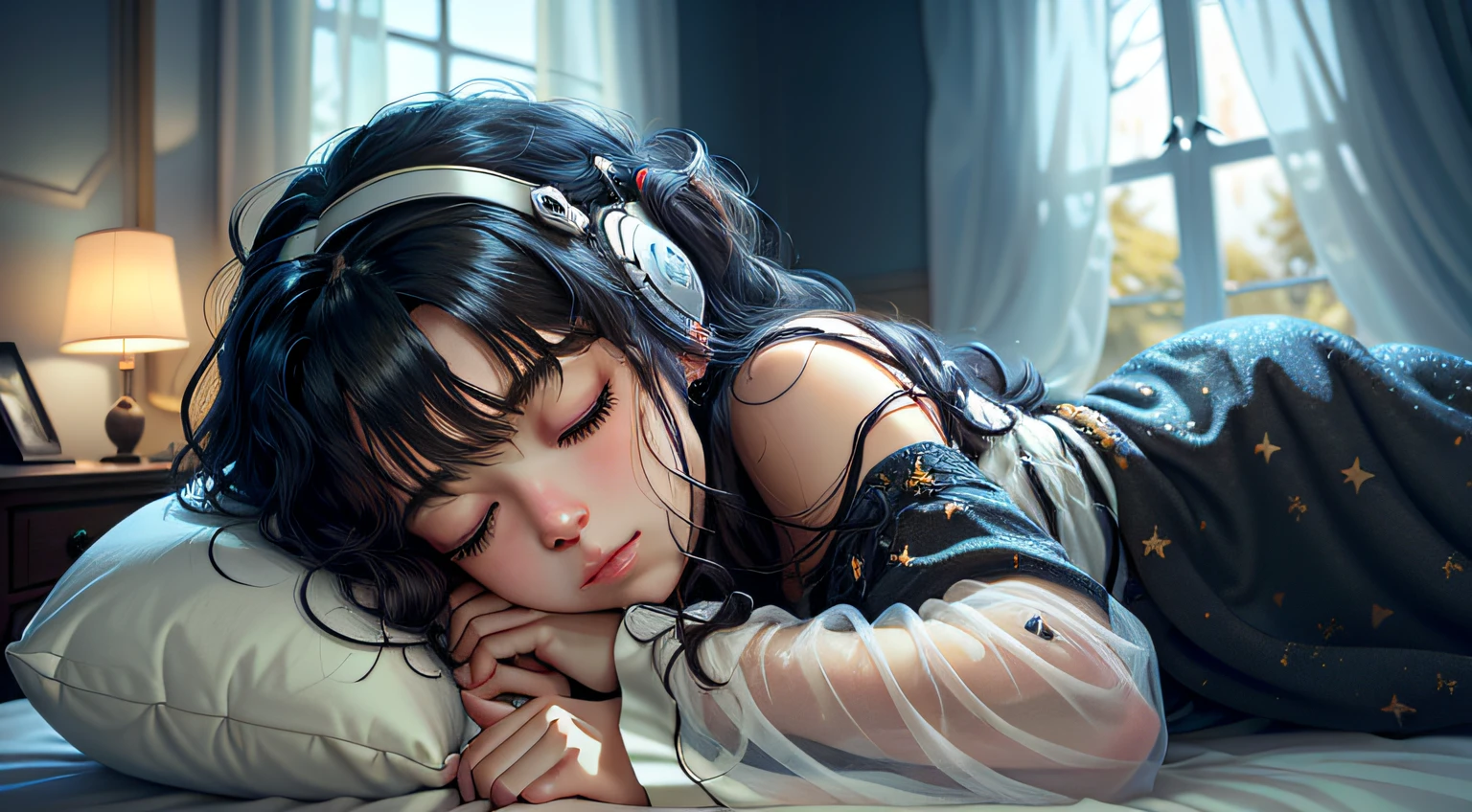 Imagine a soft, soothing illustration of a Beautiful girl was sleeping on a comfortable bed, eyes closed, black pajamas.  She wears delicate headphones that blend into her hair. The room is plunged into darkness, except for soft light emanating from a bedside lamp near the bed, qui jette une lueur chaleureuse sur son visage paisible. Through the half-open window, The Starry Night Stretches Out, full moon, creating a magical contrast between the peaceful interior and the mysterious outside world. Light curtains move slightly with the night breeze, adding a touch of movement to this tranquil scene.