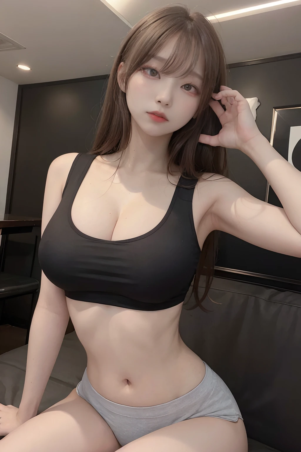 Top image quality、Raw photography、超A high resolution、An 18-year-old woman、Shooting for one person only、modelshoot、big round chest、cleavage of the breast、tshirts、Wearing a black skirt、Beautiful Eyes of Details、very elongated eyes、Beautiful eyelashes、Beautiful double eyelids、Black walls、very slender legs、Shorthair with light brown hair、very slender physique