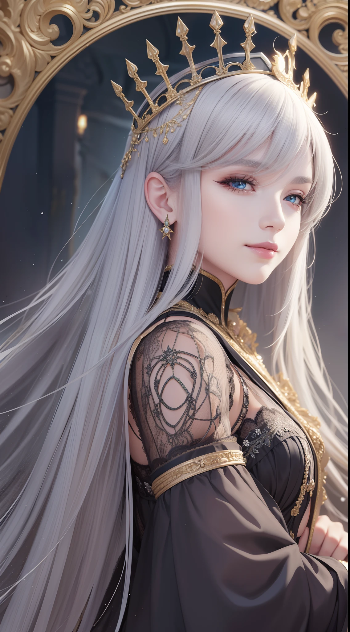 (Masterpiece) 8K resolution, Immortal Queen, Beautiful boy blooms, Green long hair, browneyes, Gray-gray eyes, Smile, Fantasy style,