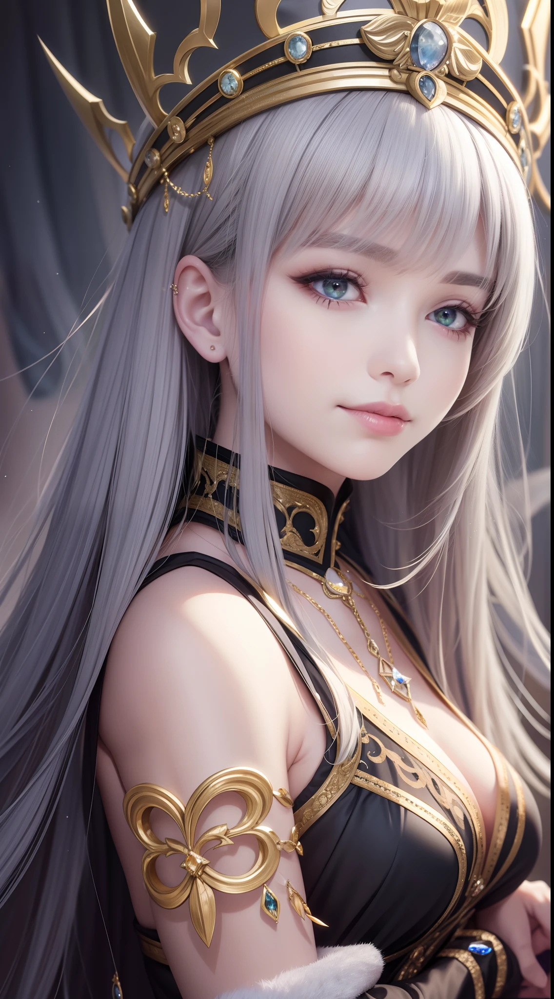 (Masterpiece) 8K resolution, Immortal Queen, Beautiful boy blooms, Green long hair, browneyes, Gray-gray eyes, Smile, Fantasy style,