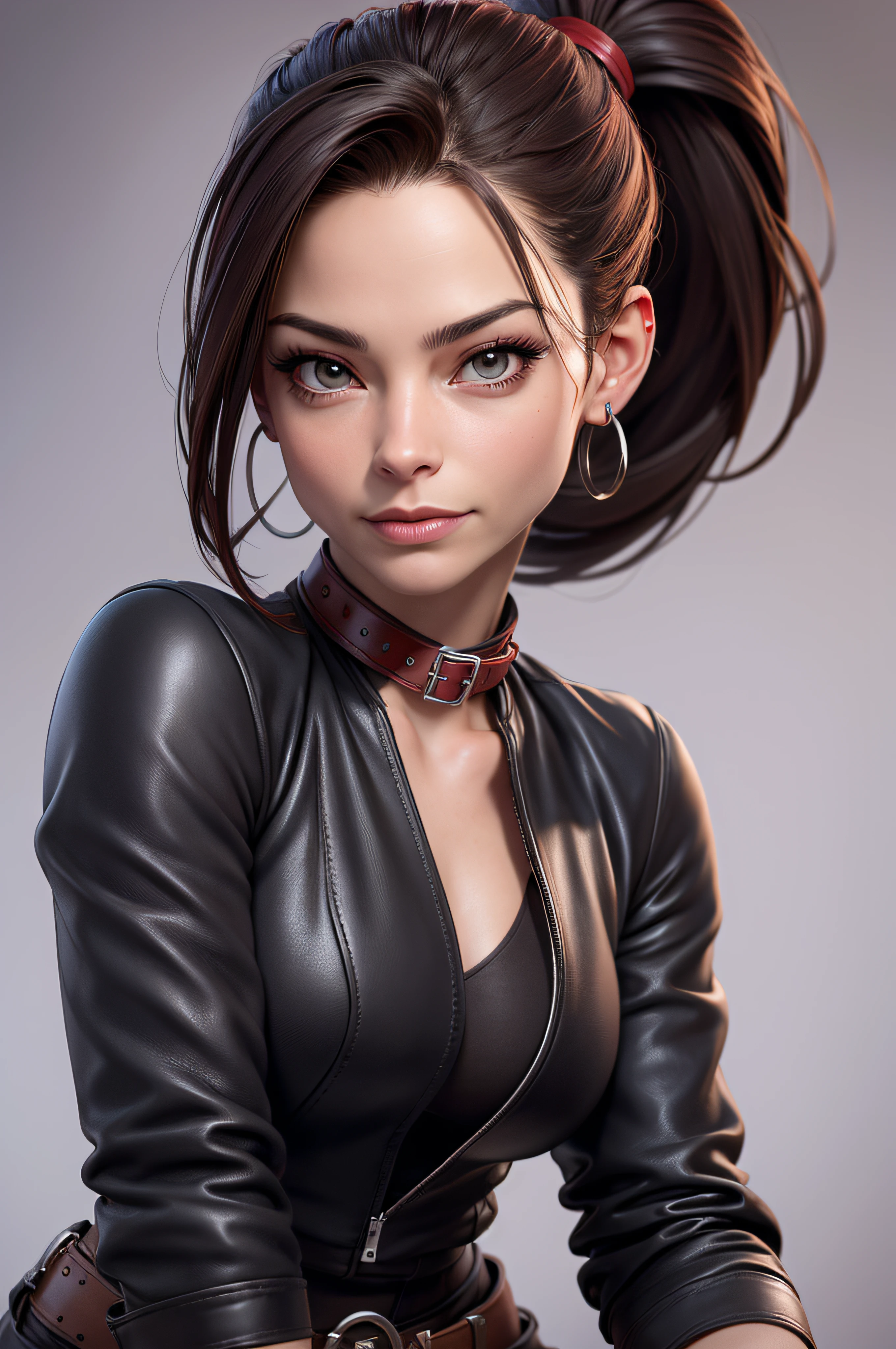 Kristin Kreuk with ponytail, yeux verts, portrait complet du corps, Red Leather-clad dominatrix, leather boots, looped earrings, dog collar, gros seins, décolleté, taille fine, gros cul, Attractive and hot woman, realistic image, desire, detailed skin, face detailed, hyper realistic, posant pour l'appareil photo, Professional model, DSLR photo shoot,