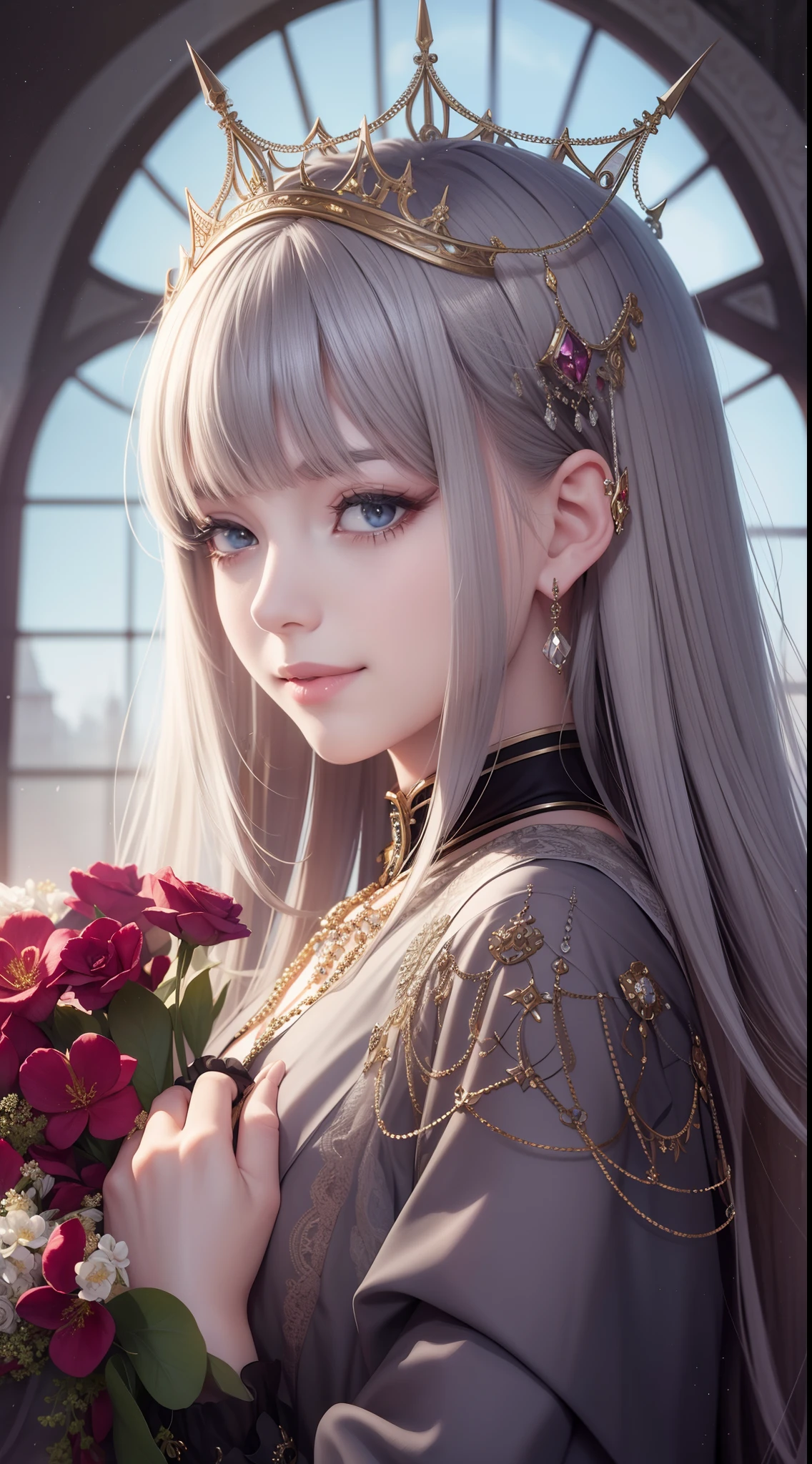 (Masterpiece) 8K resolution, Immortal Queen, Beautiful boy blooms, Green long hair, browneyes, Gray-gray eyes, Smile, Fantasy style,