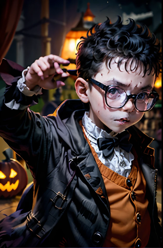 "An illustration of a joyful 3-year-old boy wearing glasses, with a well-defined and sharp face, dressed up as a little vampire in 18th-century attire. He should have pale skin, yellow vampire eyes, and be holding a pumpkin-head lantern while celebrating Halloween at night. The background should be blurred, featuring elements like skulls, bats, and everything that reminds you of a Halloween party. Inspired by the style of artist Edward Gorey."
