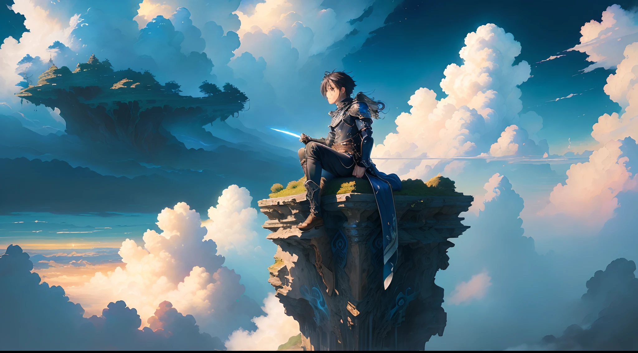 ((best quality)), ((masterpiece)), (detailed), kirito from SAO, perched on a cloud, (fantasy illustration:1.3), enchanting gaze, captivating pose, otherworldly charm, mystical sky, (Luis Royo:1.2), (Yoshitaka Amano:1.1), (detailed cloudscape:1.3), (high-resolution:1.2)