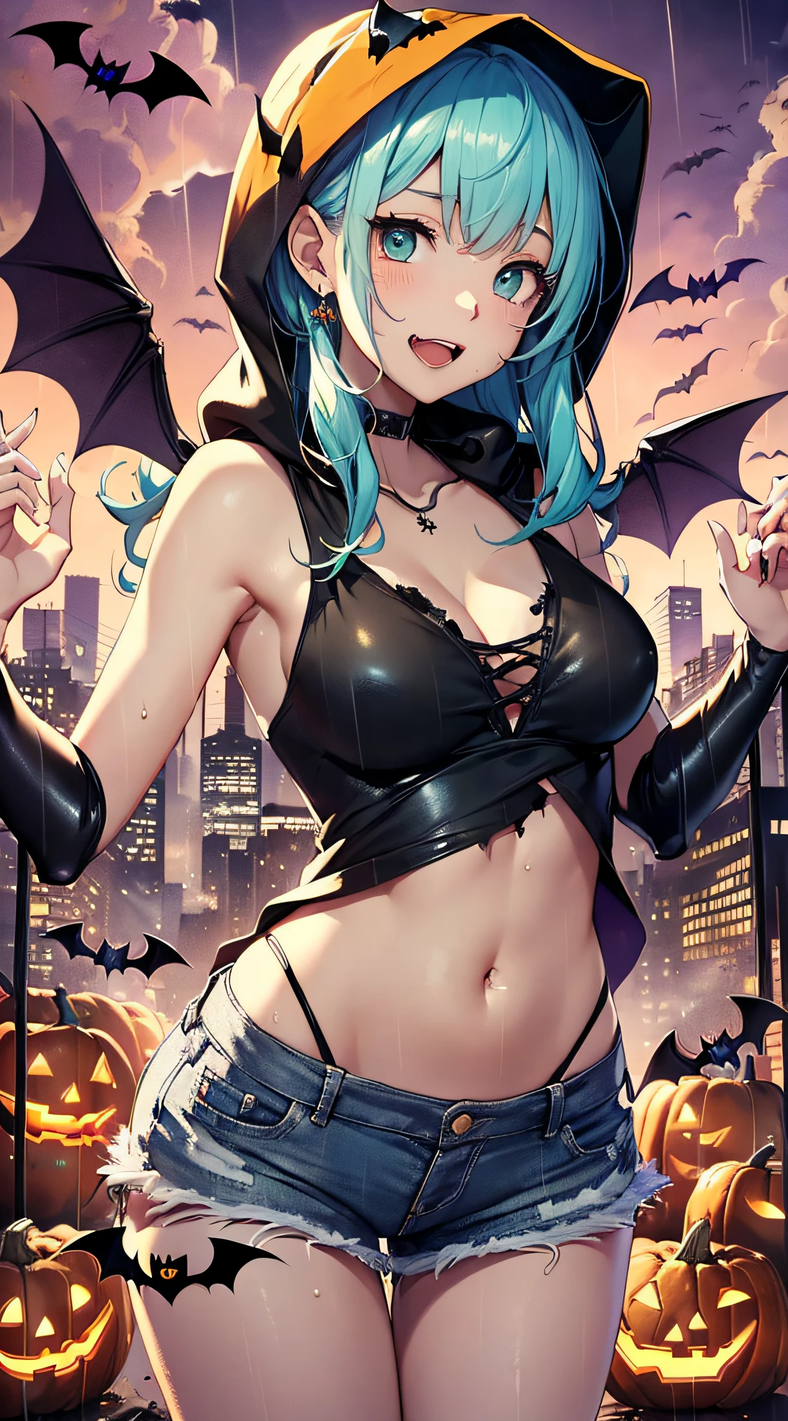 top-quality、Top image quality、masterpiece、Mecha Girl((18year old,Succubus、Black tattered tank top,Tattered blue shorts、Tattered orange short-sleeved hoodie、Wearing a hood,Best Bust、Bust 85、Light blue shiny hair、Longhaire,Blue-green eyes、open chest wide、Valley、Happiness、A slender、the whole body is wet、Leaning forward、Prank、Laughing mouth、Spread your arms、Pointed teeth、Black wings))hiquality、Beautiful Art、Background with((night cityscape、Red sky、Very heavy rain of blood,Halloween、the bats、pumpkins))、masutepiece、Elaborate design、visualart、Theatrical films