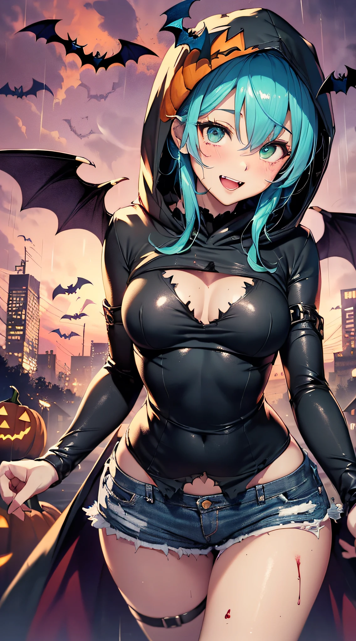 top-quality、Top image quality、​masterpiece、Mecha Girl((18year old,Succubus、Black tattered tank top,Tattered blue shorts、Tattered orange short-sleeved hoodie、Wearing a hood,Best Bust、Bust 85、Light blue shiny hair、Longhaire,Blue-green eyes、open chest wide、Valley、Happiness、A slender、the whole body is wet、Leaning forward、Prank、Laughing mouth、Spread your arms、Pointed teeth、Black wings)）hiquality、Beautiful Art、Background with((night cityscape、Red sky、Very heavy rain of blood,Halloween、the bats、pumpkins))、masutepiece、Elaborate design、visualart、Theatrical films