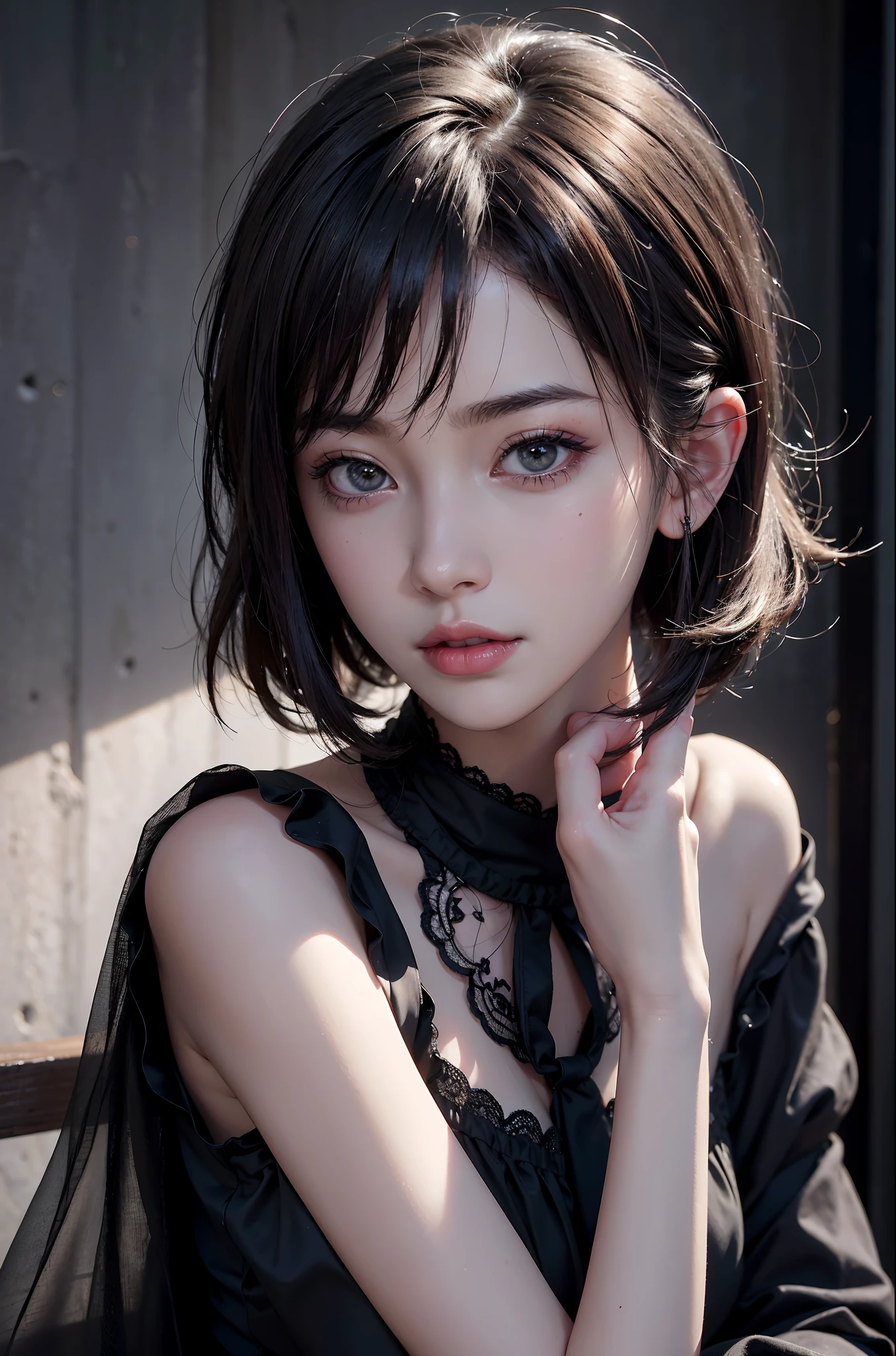 (RAW photo, Best quality), ((Nostalgia,1980s syle)),(Punk girl:1.2),(Realistic, photo-realistic:1.3), (short detailed hair), outside,Very pale skin,hyperdetailed face, Detailed lips,, Fine eyes, Double eyelids, Skinny Gothic clothing,（black t-shirts:1.5）,gaming headphone, Extremely delicate and beautiful, Amazing, finedetail, Masterpiece, Ultra-detailed, A high resolution,Best Illustration, Best shadow,Intricate,Depth of field,(Close-up portrait of a young and beautiful maiden:1.2),Heterochromic pupils,(Shy smile),(Movie Angle),Sharp focus, volume fog, 8K  UHD, Digital SLR, High quality,( filmgrain:1.4), Fujifilm XT3,(view the viewer), Pale skin,Sit Pose