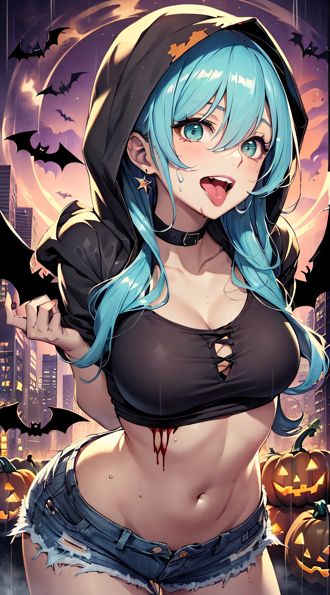 top-quality、Top image quality、masterpiece、android girl((18year old,Succubus、Black tattered tank top,Tattered blue shorts、Tattered orange short-sleeved hoodie、Wearing a hood,Best Bust、Bust 85、Light blue shiny hair、Longhaire,Blue-green eyes、open chest wide、Valley、Happiness、A slender、the whole body is wet、Leaning forward、Prank、Laughing mouth、Spread your arms、Pointed teeth、Black wings))hiquality、Beautiful Art、Background with((night cityscape、Red sky、Very heavy rain of blood,Halloween、the bats、pumpkins))、masutepiece、Elaborate design、visualart、Theatrical films