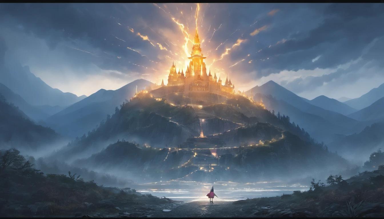 Mountain pass with wooden fortress in the storm, Photorealism, Cinematic lighting