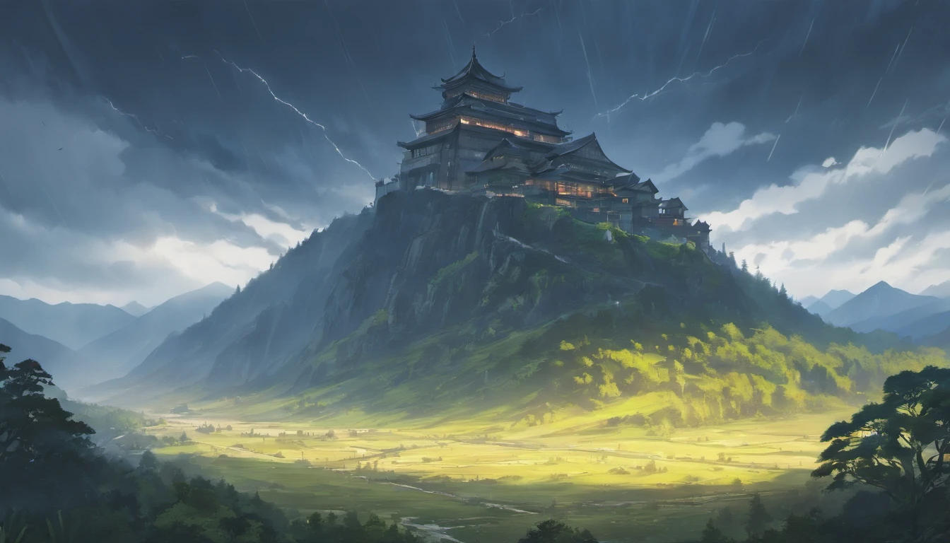 Mountain pass with wooden fortress in the storm, Photorealism, Cinematic lighting