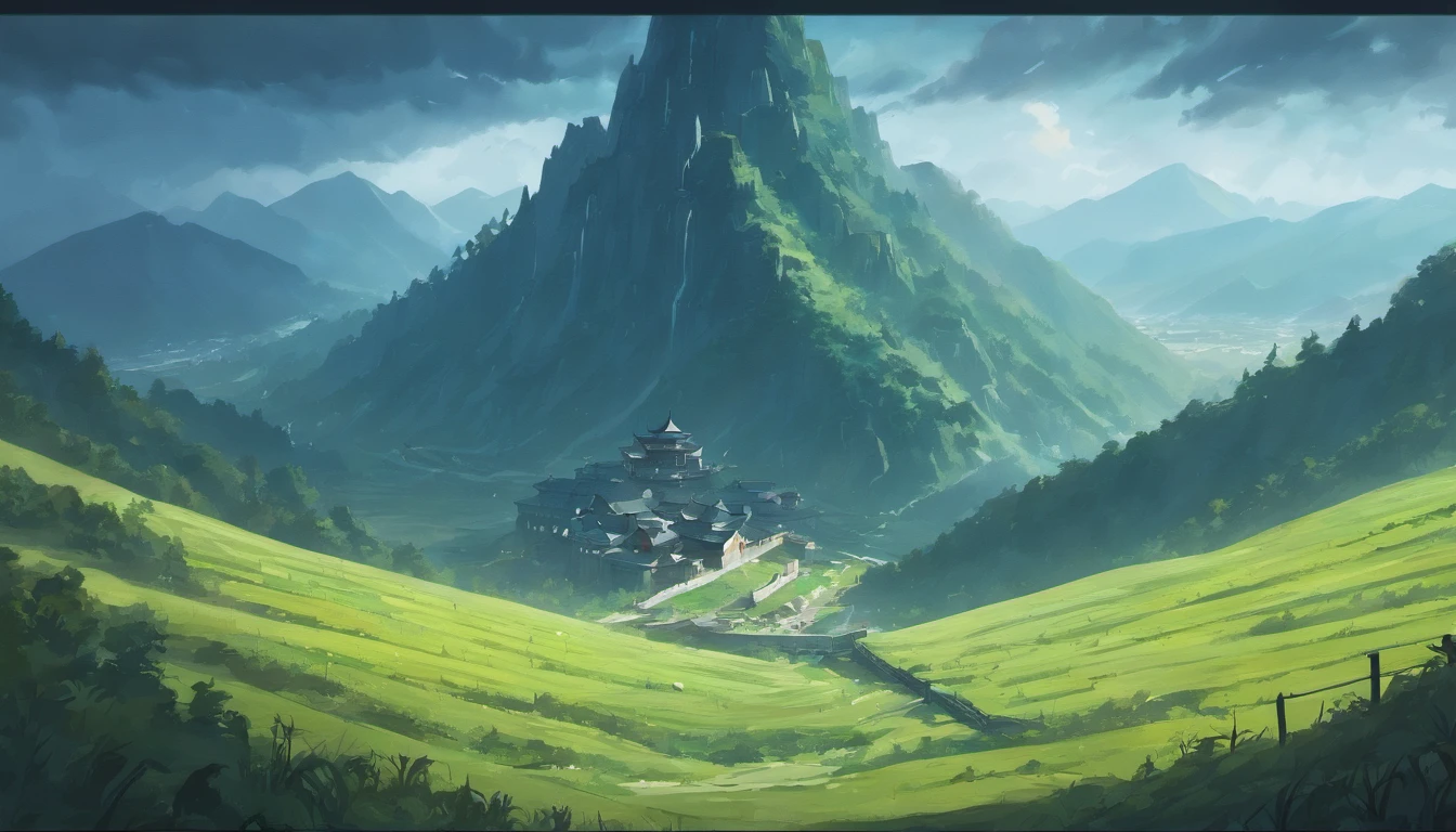 Mountain pass with wooden fortress in the storm, Photorealism, Cinematic lighting