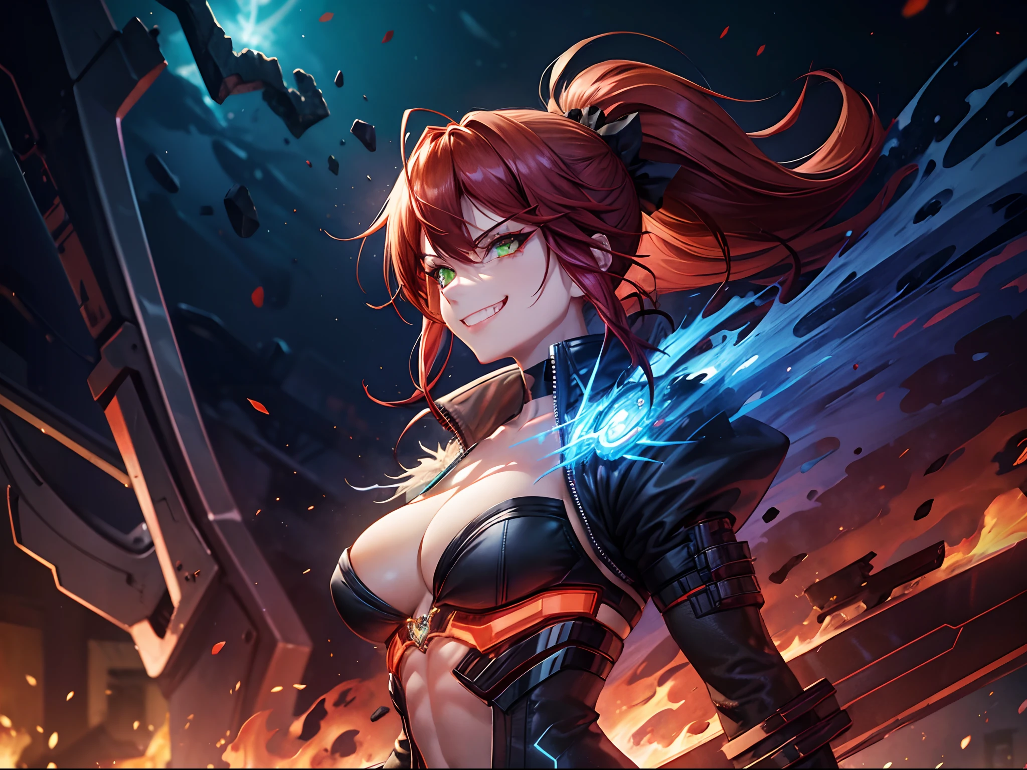 1 girl, solo, dark flaming red hair, (colourful_fringes), view from the side, menacing aura, grin, evil expression, jagged teeth, ponytail, black bow, glowing emerald green cyborg eyes, blue jacket, large breasts, V-neck, short gloves, (muscular physique), cyberpunky background