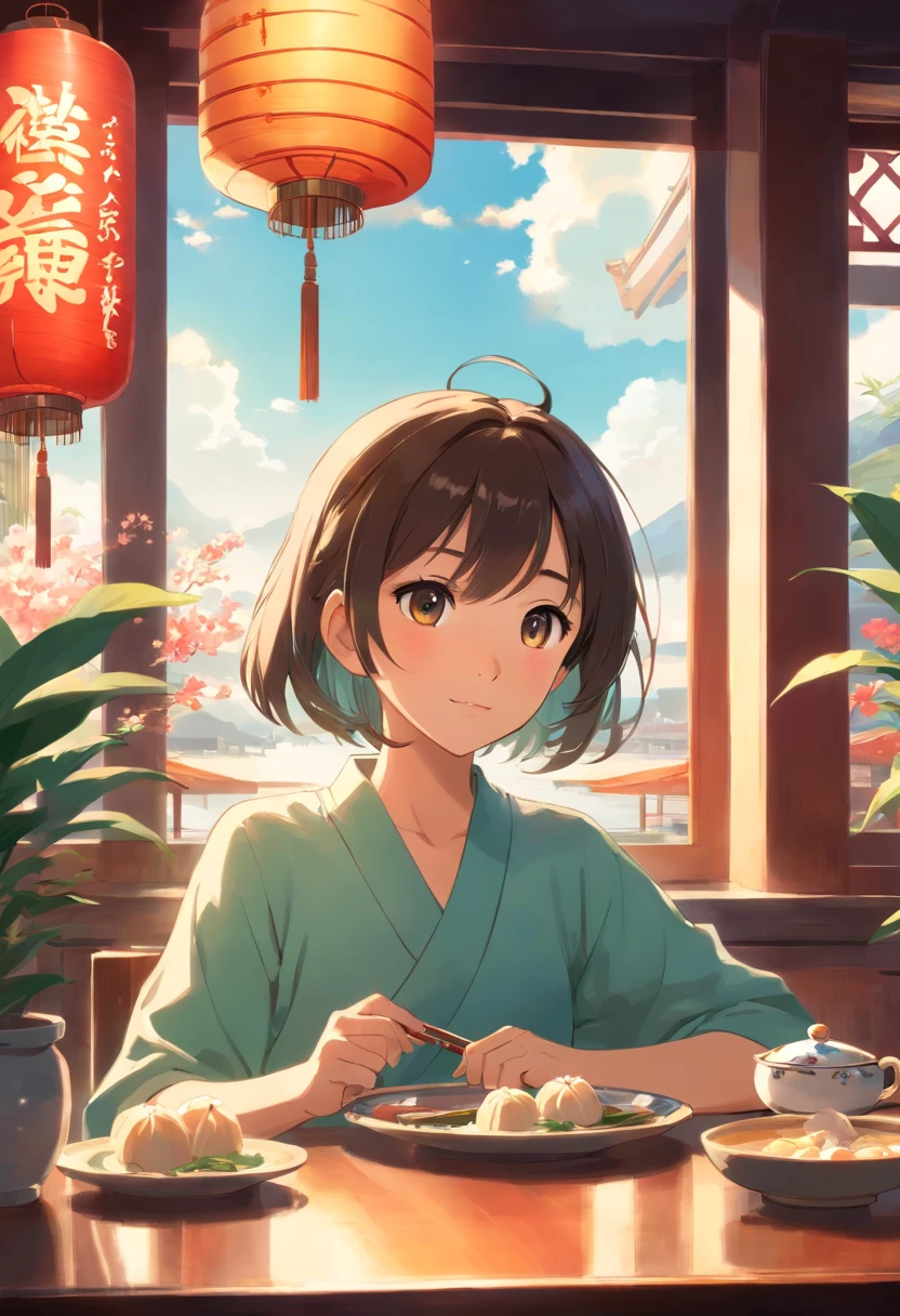 Chinese restaurant, A sits at a dining table, Flower tea on the table ,Chinese dim sum, Shrimp dumplings, Sunlight outside the window.