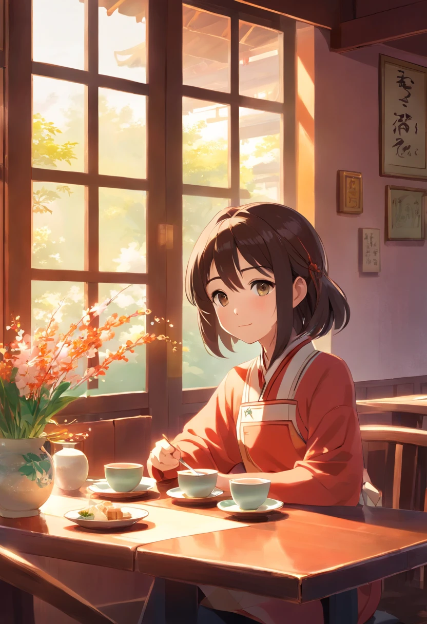 Chinese restaurant, A 5--old l sits at a dining table, Flower tea on the table ,Chinese dim sum, Shrimp dumplings, Sunlight outside the window.