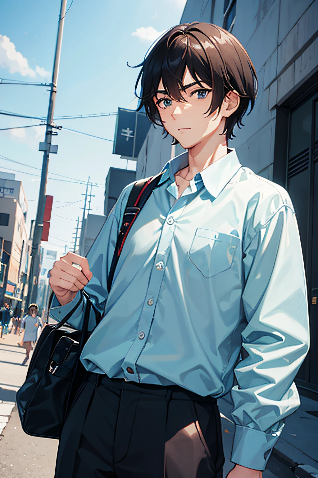 Man, male, male student, very mature boy, Otoko, masculine face, manly face, male, face, wearing light blue shirt, hawaiian shirt, blue shirt with buttons, pokects, tucked out shirt blue top, wearing slux, black slux, black bottom, id, wearing ID sling, id holder, royal blue lanyard, partial body picture, half capture, school, high school, first day of school, school background, anime, moderm anime,