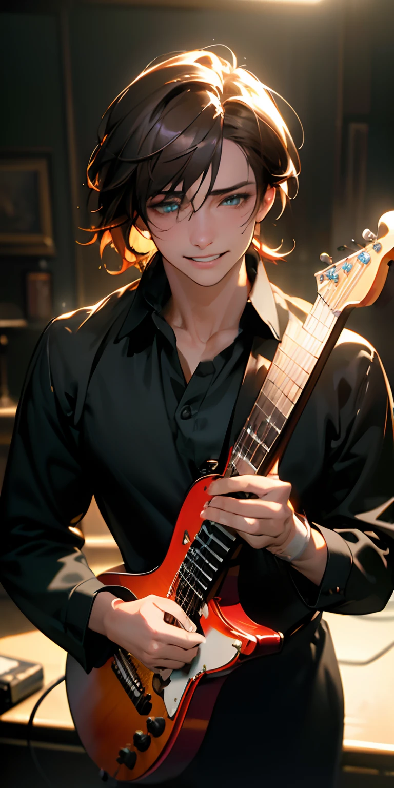 (masterpiece, best quality),ultra-detailed,(realistic,photorealistic,photo-realistic:1.37), male, dominant, dark atmosphere, sharp eyes, solo, sharp chin, musician, warm lighting, hot chocolate hair, bright azure eyes, musician's attire, home studio, musical equipment, gloomy, dreamy, dominant grin, soft focus