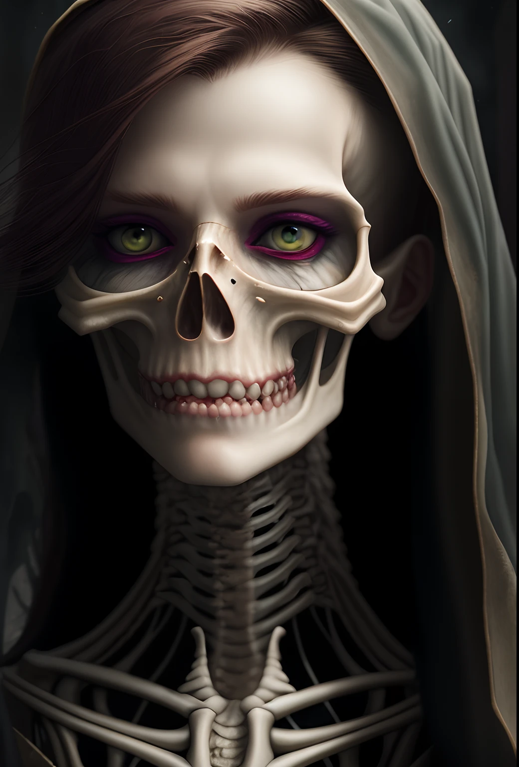 ((best quality)), ((masterpiece)), ((ultra realistic)), (close up soft oil painting), vast haunted graveyard, terrifying female spectral ghost in an ancient graveyard, (ugly gaunt evil expression), ((emaciated)), (ethereal body), ripped clothing, ((everything see-through, ephemeral)), visible bones, stretched skin over a skull like face, professional, dramatic cinematic lighting, soft edge lighting,