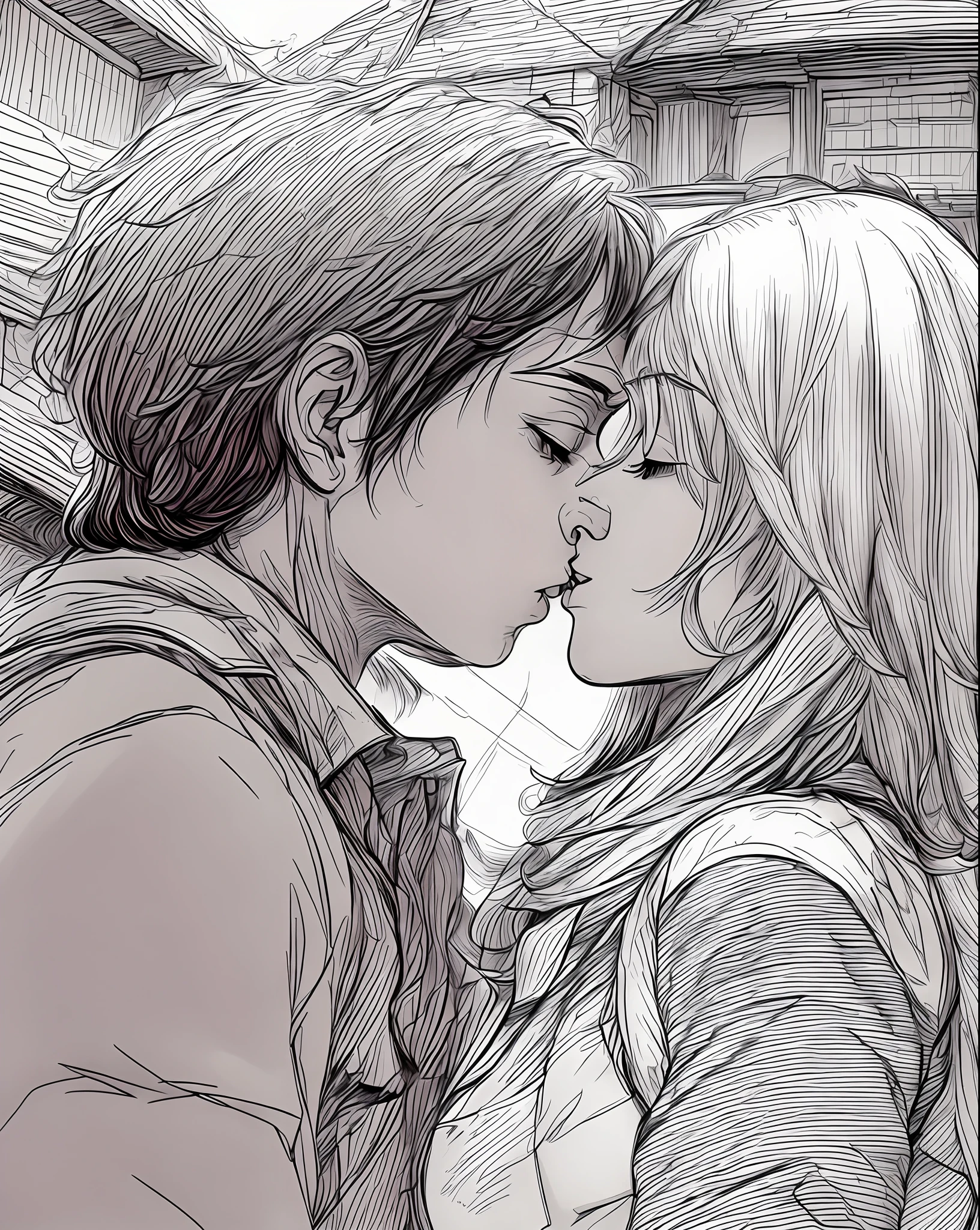 Create a captivating comic strip presented as a storyboard, depicting an intimate moment where an anime boy and girl share a tender kiss. The scene should be filled with emotion and chemistry, capturing the essence of their love story. Use expressive artistry to convey the depth of their feelings, and ensure that the composition flows seamlessly from panel to panel, building up to the climactic kiss.