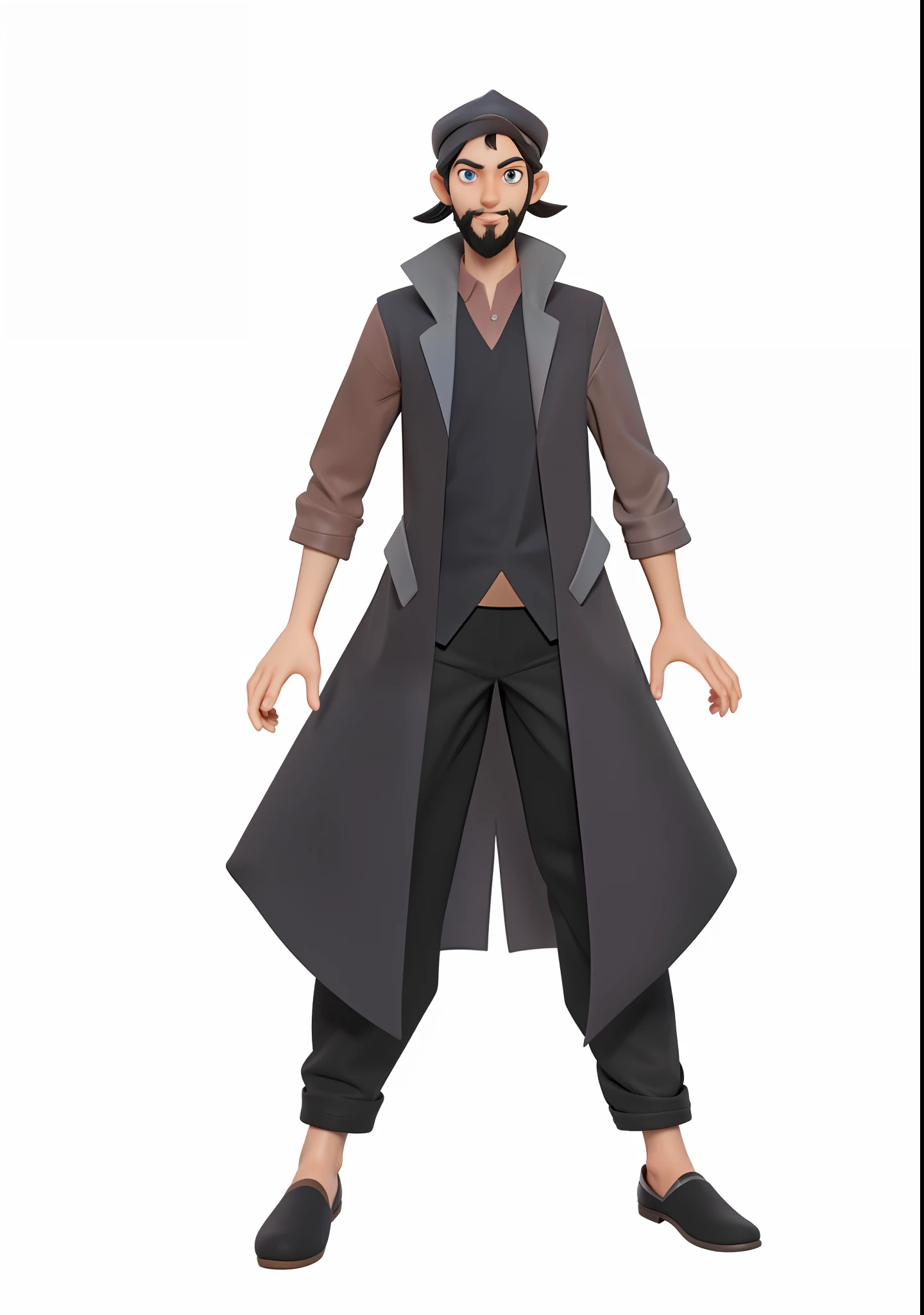 cartoon of a man in a long coat and a hat, single character full body, full body character, full length character, full body single character, character full body portrait, full body character concept, full body concept, full body character portrait, anime style character, male anime character, d & d style full body portrait, thin young male alchemist, anime character, octane render, 3d cartoon, 3d render, eyes look at viewer,
