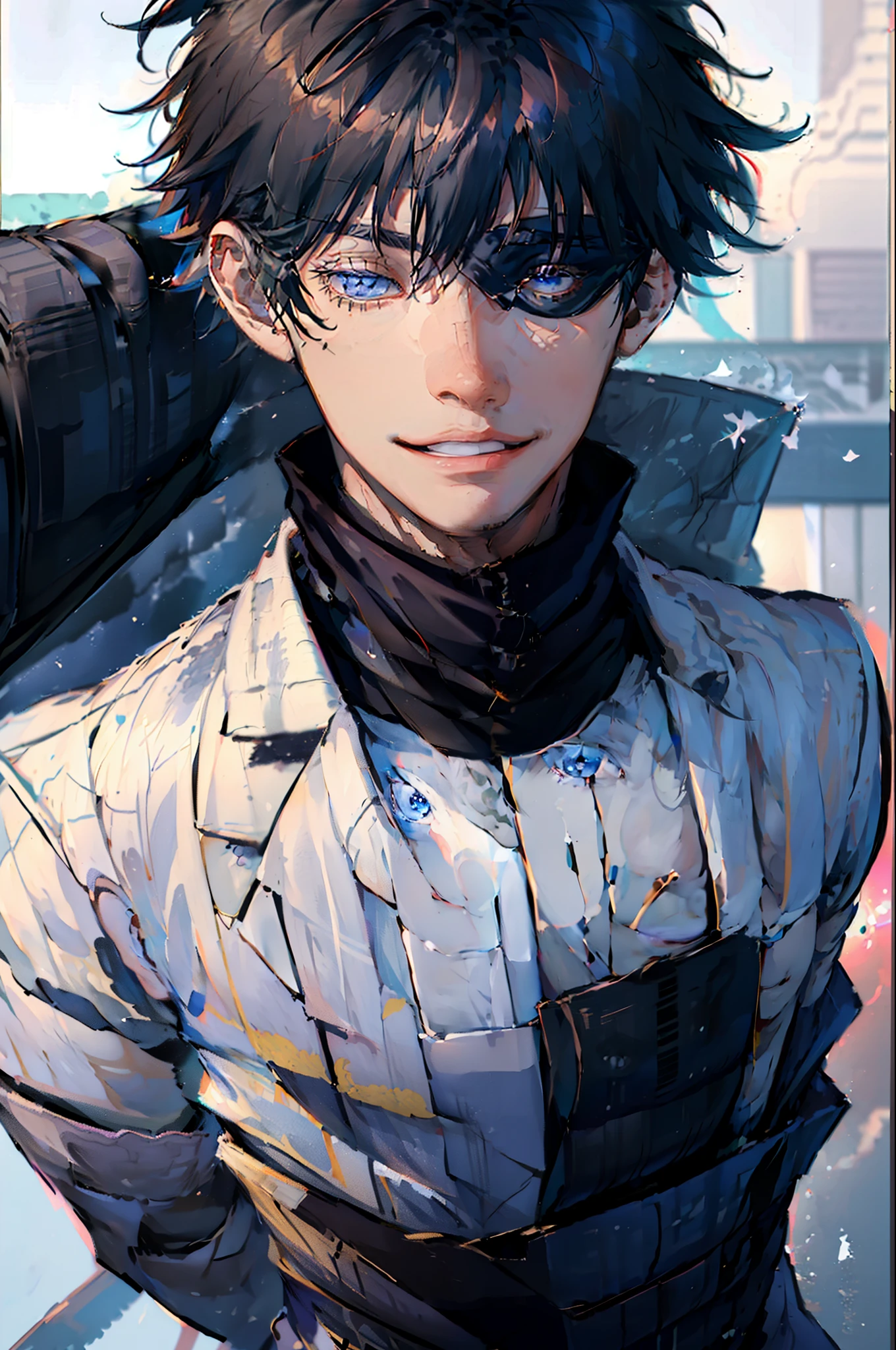 (masterpiece, best quality:1.2), gojo satoru, action pose,dust particle effect, sunflares, purple power, movie composition, bokeh, depth of field, blindfold, smiling, cowboy shot, solo, male focus, 1boy, gojo satoru, expresionless, looking at viewer, black jacket rich on details