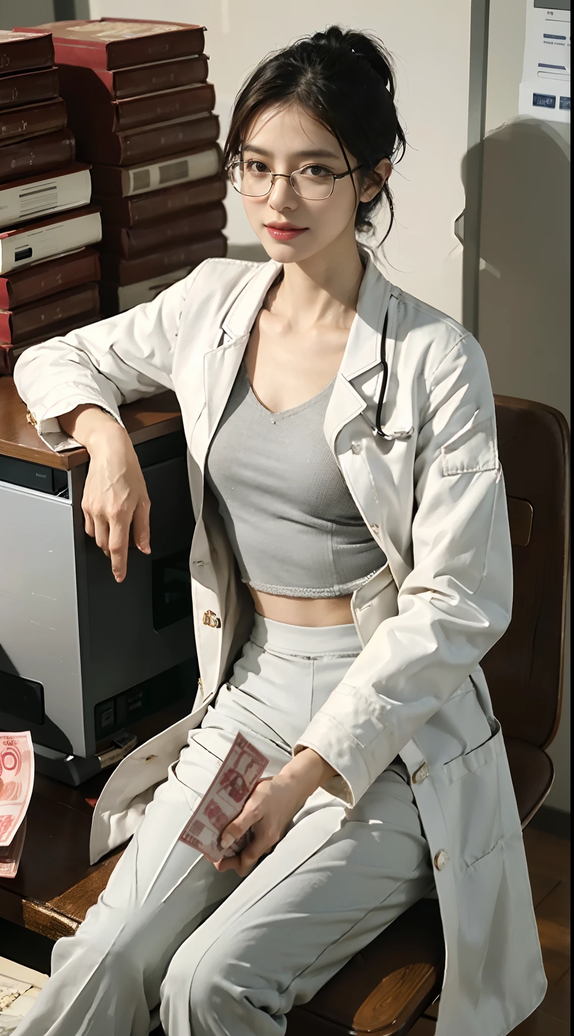 ((Small underboob)), (shoulder-length straighthair: 1.2), Black hair,Short ponytail，Upper body, （Extremely meticulous CG 8k wallpaper），（Extremely refined and beautiful），（Masterpiece），（best qualtiy：1.0），（Ultra High Resolution：1.0），beautiful light up，Perfect lightning，realistic shaded，[A high resolution]，Smooth and flawless fair skin，Extremely exquisite facial details，（perfect body：1.1），ultra - detailed,A beautiful girl，small head，(Small breasts:1.1)，Flat chests，slim，thin，Smile，cheerfulness,(doctor's white coat:1.7),(long pants:1.5),autumn,Morning,A female doctor，wearing glasses,Medical mask,In a dilapidated hospital，In the office,(Sitting in a chair next to the computer:1.5),Close Shot,(many piles of red banknotes stacked on the table:1.5),cowboy shot,portrait