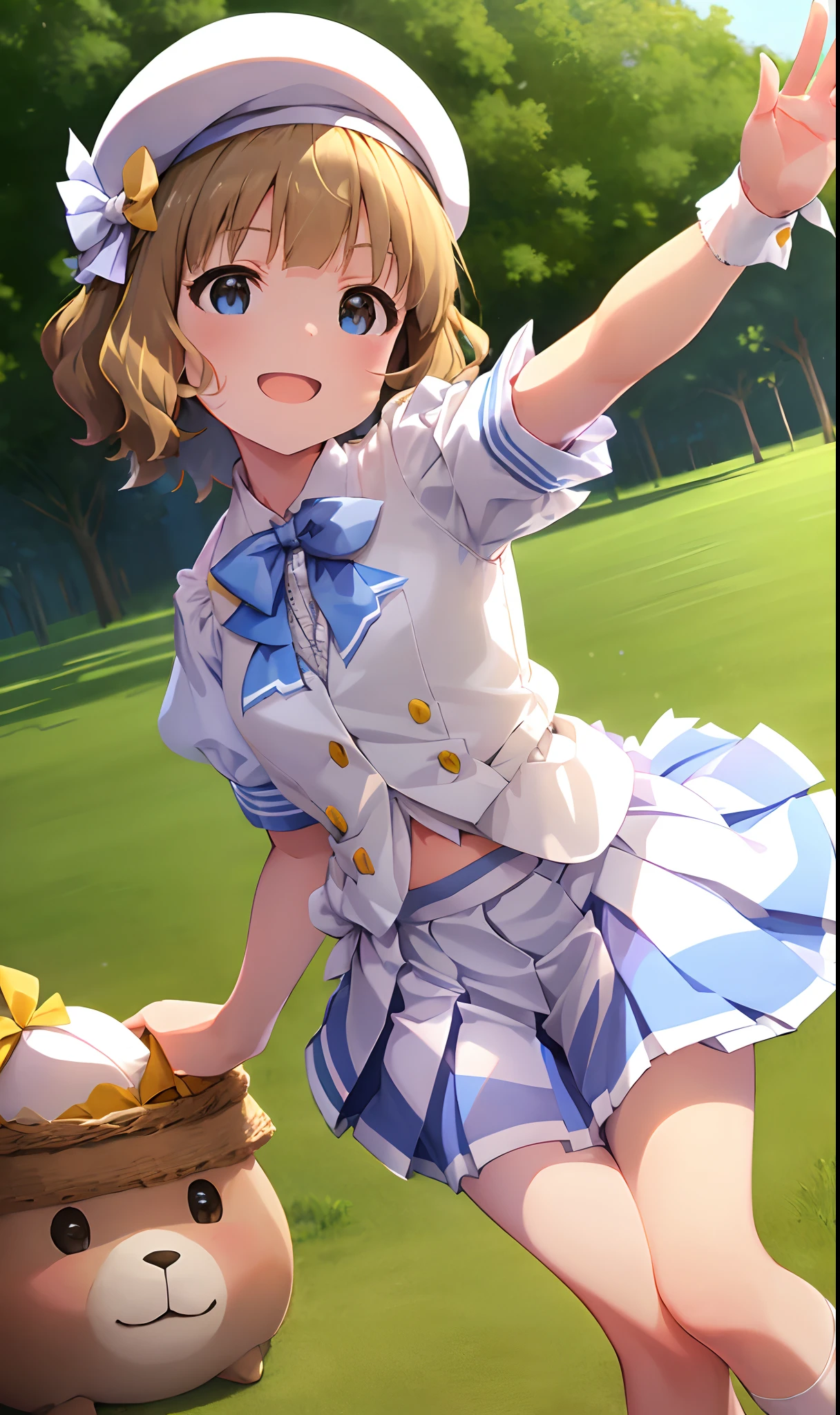 momoko suou (million live), (Best Quality, 8K, masutepiece, ultra-detailliert:1.2), Dynamic Pose, Cinematic Angle, Cowboy Shot, light Particle, spark of light, Beautiful detailed eyes, Shiny skin, Shiny hair, sun beam, Wide Shot, depth of fields, Backlighting,
day, Beautiful clouds, Gradient sky, Dappled sunlight, contrail, Outdoors, reflective floor, Park, Flowery meadow, Wind,
1girl in, Solo, Miniskirt, layered skirts, Smile, Cute, Happy, Big eyes, Pleated skirt, Short sleeves, Navel, cheer girl, pompoms \(cheer leading\), 鎖骨, white hair flower, bow ribbon, Bow, Standing on one leg, earrings, armlet, Bracelet, Arm Ribbon, neck tie, thighs thighs thighs thighs, outstretched arm, flower petals,(fusion of white sundress and white school uniform:1.4), (white pleated skirt:1.5), (white beret with light-blue ribbon:1.4), (blue sailor collar:1.4), (white shirt:1.3), (short puff sleeve:1.2), (light-blue ribbon:1.3), (blue line on skirt:1.2), ((white socks, loafers):1.2),