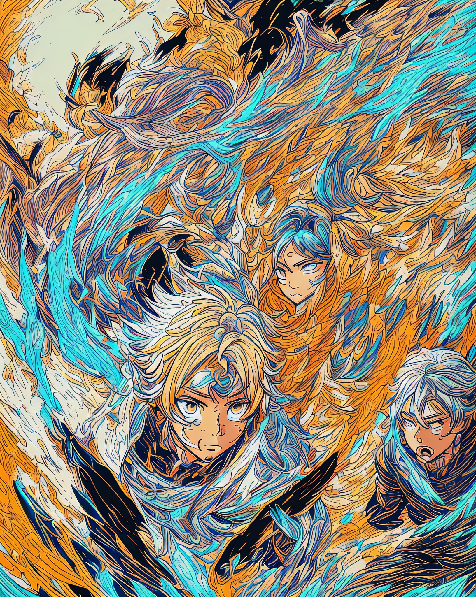 A manga page filled with dynamic action scenes, characters engaged in an intense battle, each frame exuding energy and emotion, reminiscent of the iconic styles of Bleach and Boruto, vibrant orange hues highlighting the characters' expressive faces, contrasting with the serene blue background, skin glowing with beauty, intricately detailed clothing, and a background filled with meticulously crafted scenery, Illustration, digital art with Pixiv-style brushwork