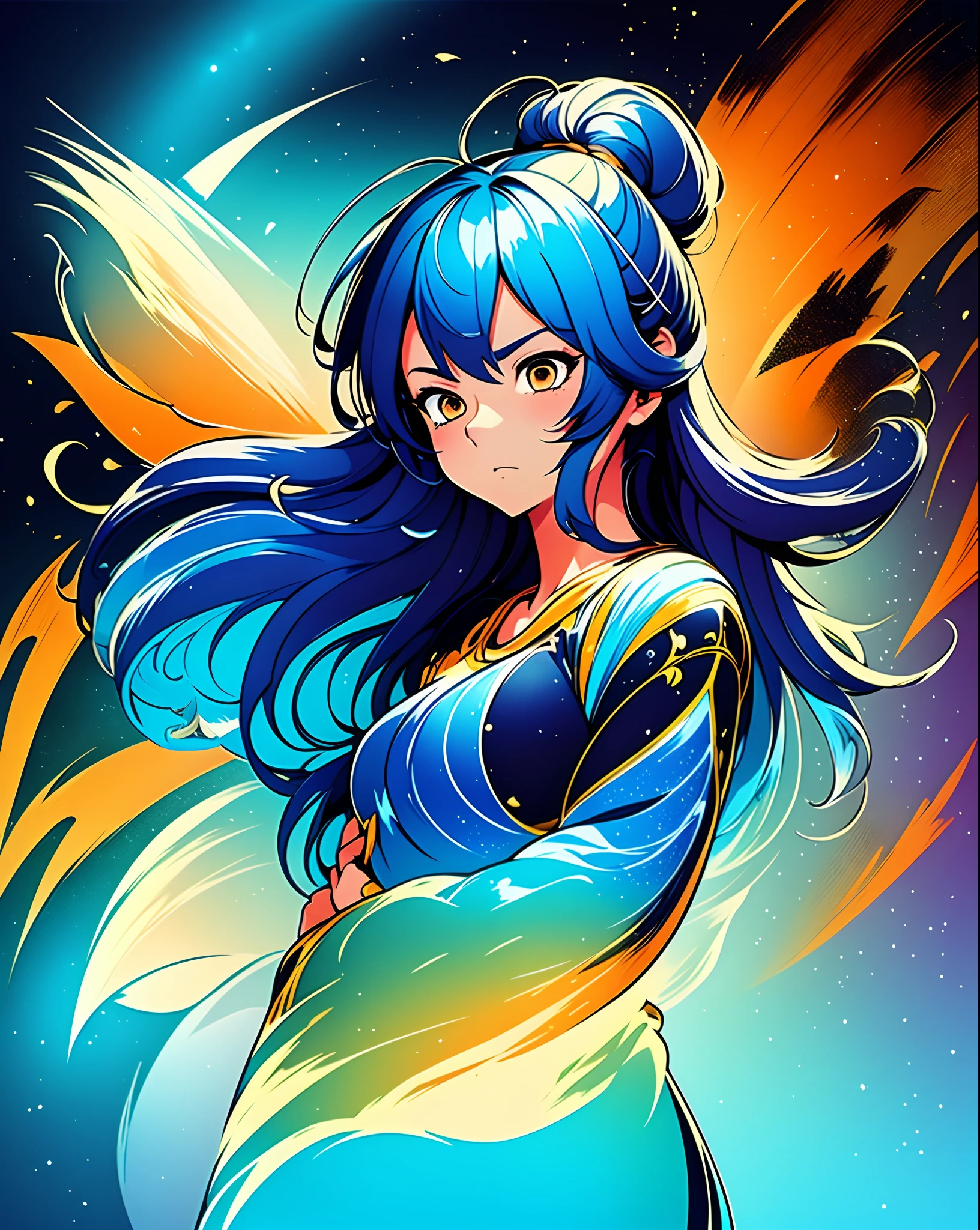 A manga page filled with dynamic action scenes, characters engaged in an intense battle, each frame exuding energy and emotion, reminiscent of the iconic styles of Bleach and Boruto, vibrant orange hues highlighting the characters' expressive faces, contrasting with the serene blue background, skin glowing with beauty, intricately detailed clothing, and a background filled with meticulously crafted scenery, Illustration, digital art with Pixiv-style brushwork