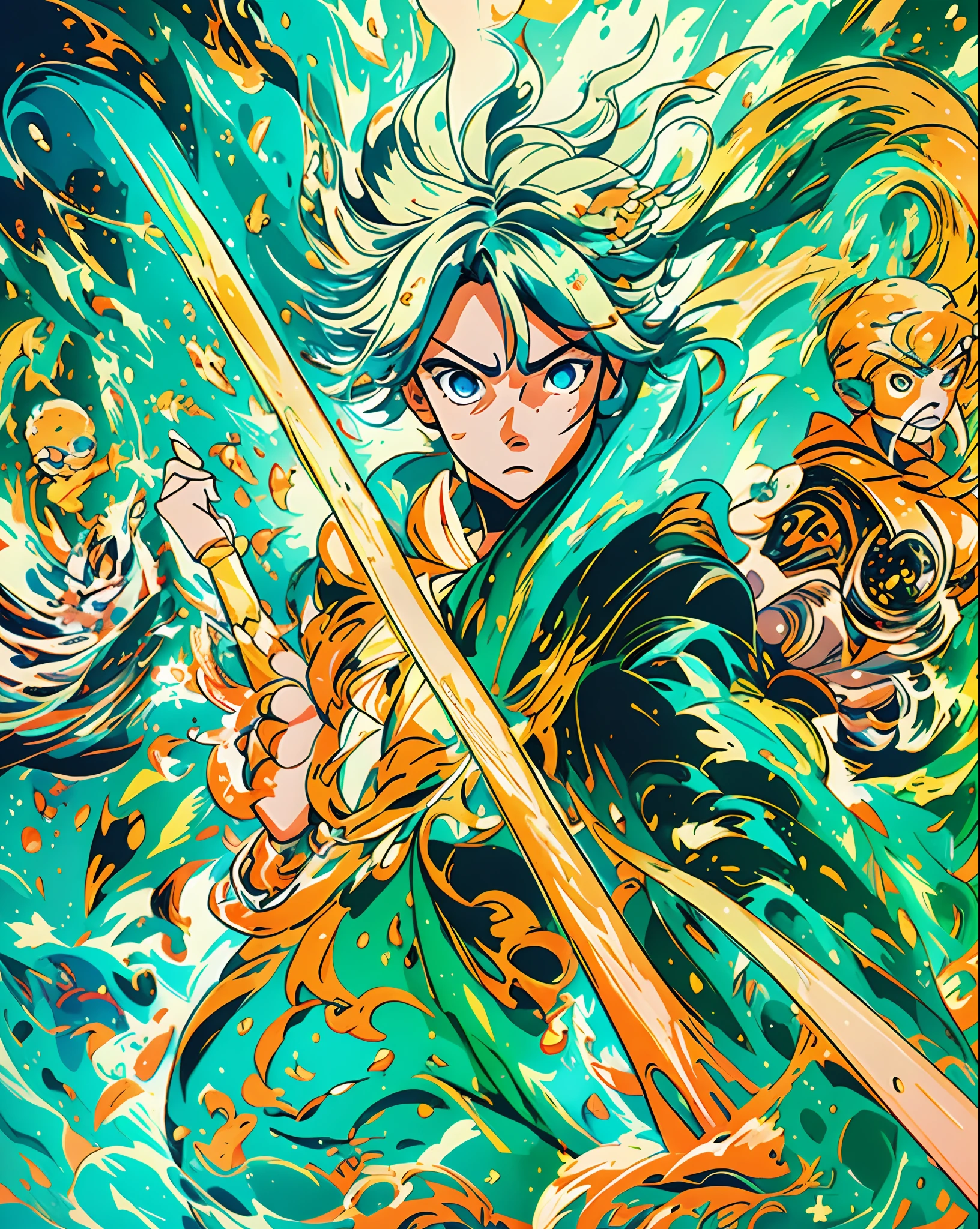 A manga page filled with dynamic action scenes, characters engaged in an intense battle, each frame exuding energy and emotion, reminiscent of the iconic styles of Bleach and Boruto, vibrant orange hues highlighting the characters' expressive faces, contrasting with the serene blue background, skin glowing with beauty, intricately detailed clothing, and a background filled with meticulously crafted scenery, Illustration, digital art with Pixiv-style brushwork