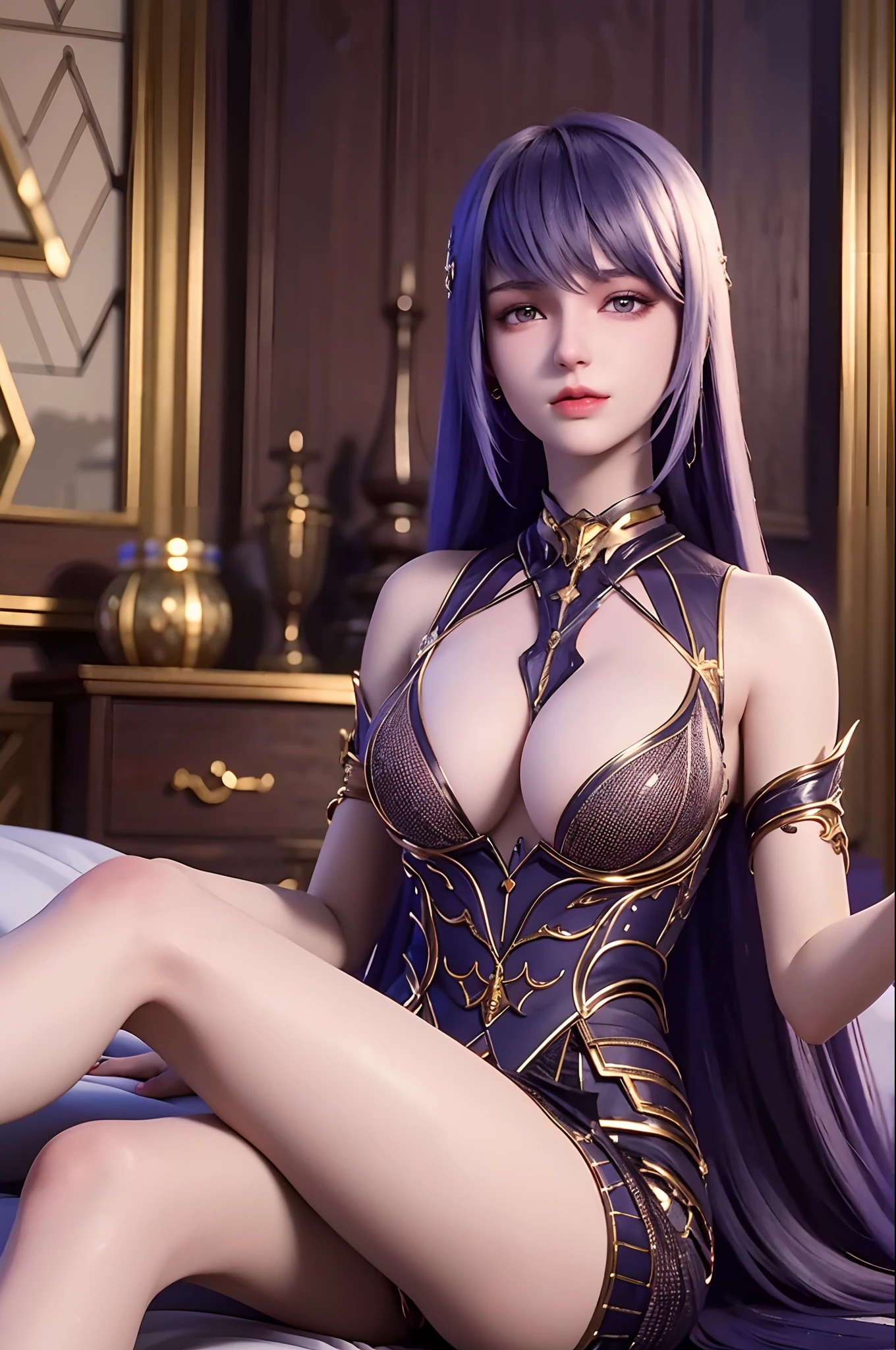 4K,realisticlying,Glamorous,The is very detailed,1girll,beautiful vintage color,Instagram(realisticlying,A high resolution:1.8),Low flash,ankle,high-heels,pretty hair(((Eye makeup)))((Thin lips))((Professional Dress)),looking at viewert(4K,RAW photos,best qualtiy,tmasterpiece:1.2),(realisticlying,Photorealistic:1.37),35-year-old woman,Charming,pretty hair,big cleavage breasts ,down in bed,full body
