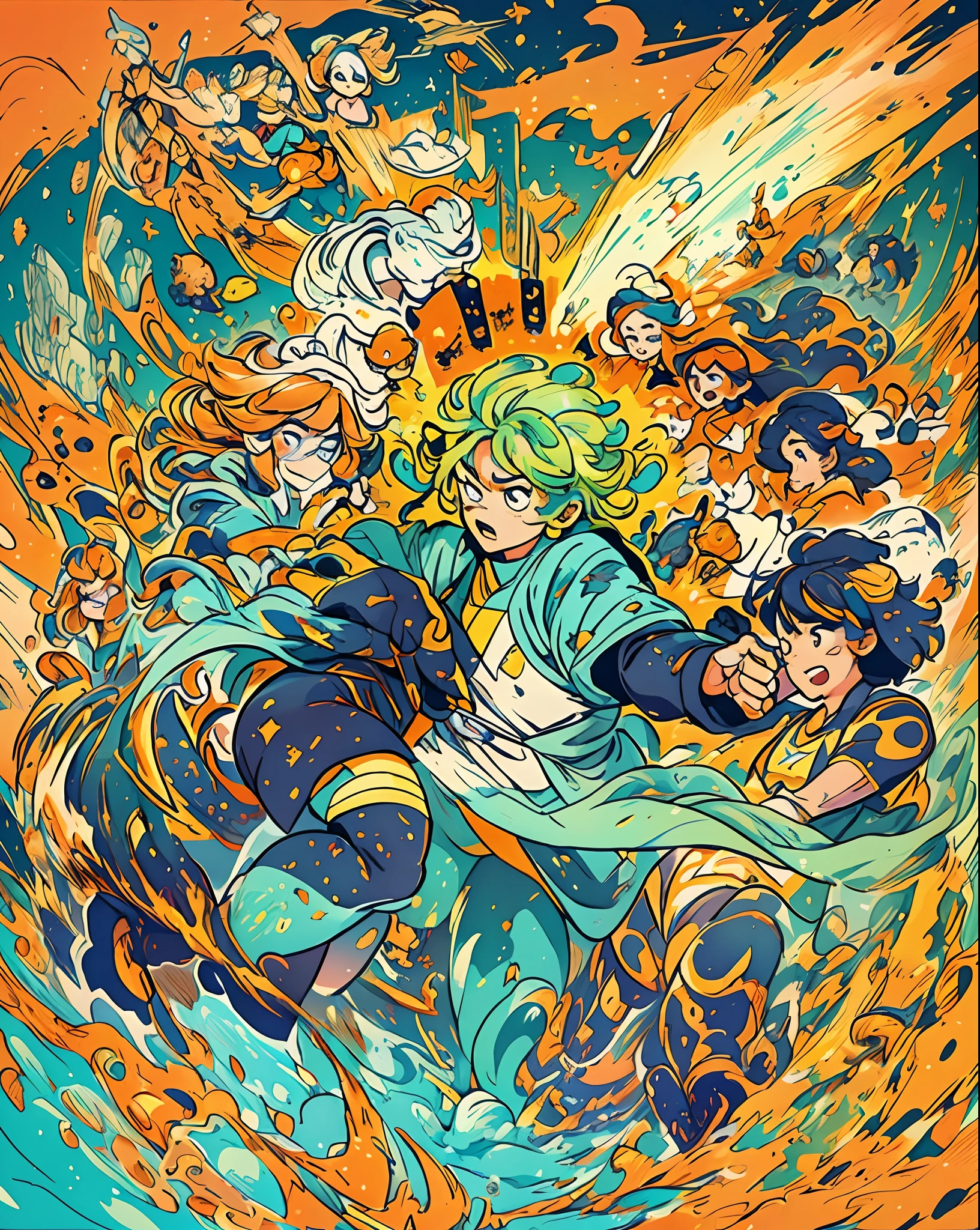 A manga page filled with dynamic action scenes, characters engaged in an intense battle, each frame exuding energy and emotion, reminiscent of the iconic styles of Bleach and Boruto, vibrant orange hues highlighting the characters' expressive faces, contrasting with the serene blue background, skin glowing with beauty, intricately detailed clothing, and a background filled with meticulously crafted scenery, Illustration, digital art with Pixiv-style brushwork