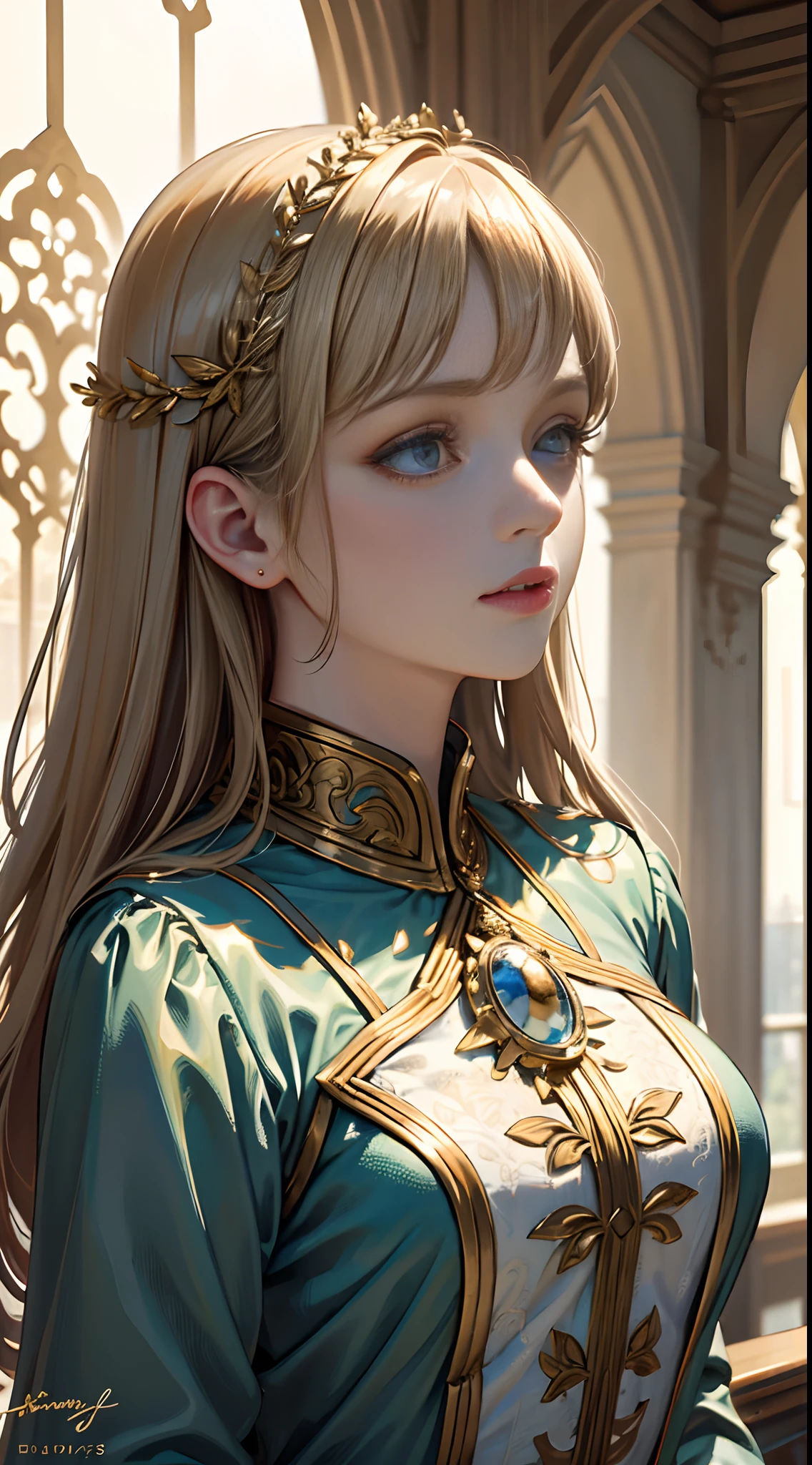 (Masterpiece, Best quality, Upper body:1.4), 1girll, (Close up:1.1), Sublime walls, Castle hall, Blue eyes, 8K, RAW photo, absurderes, fractalized, Perspective, Depth of field, hdr, Sharp focus, A high resolution, Photography, Realistic, highest details, extreme detailed details, Ultra detailed, finedetail, IvoryGoldAI