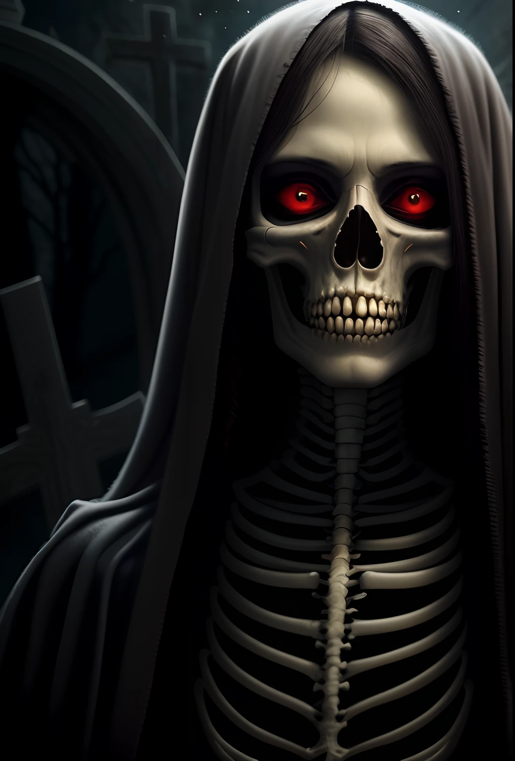 A skeleton,The eyes glow red，Terrifying，Very dark
